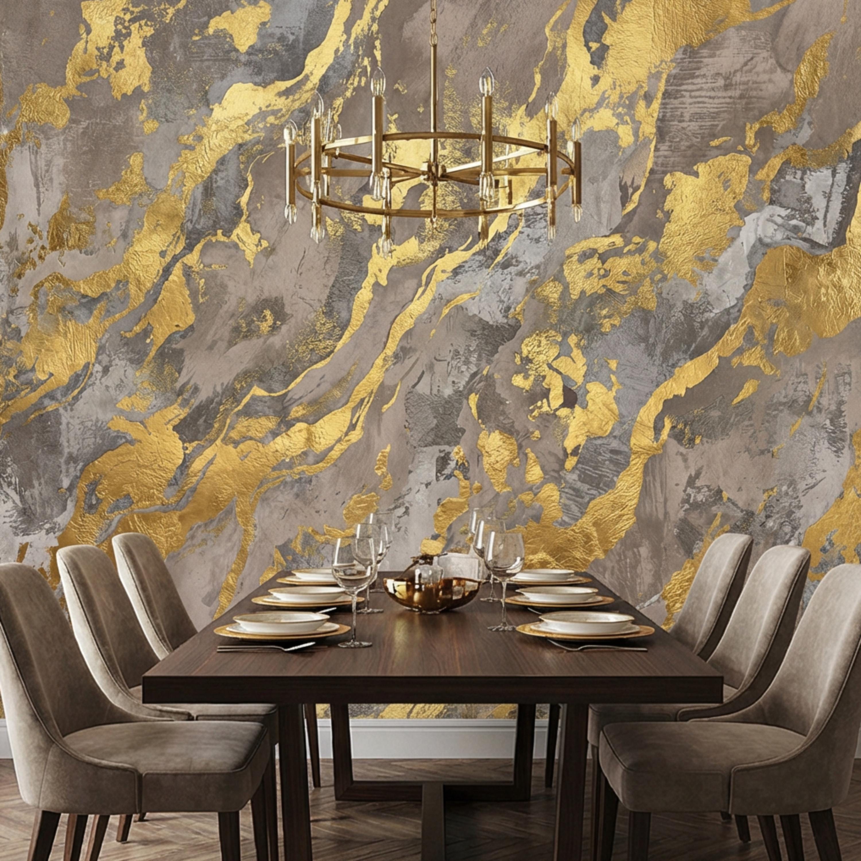 Modern Abstract Beige Gray Textured Plaster with Gold Accents Peel and Stick Wall Mural, Minimal Luxury Neutral Accent Wallpaper