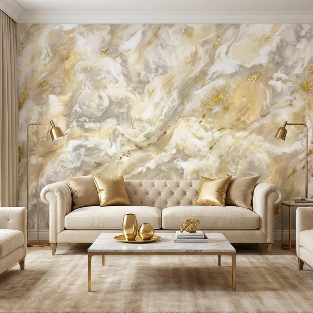 Textured Plaster Neutral Beige Gray with Gold Accents Peel and Stick Wall Mural, Modern Organic Minimal Wabi Sabi Style Wallpaper