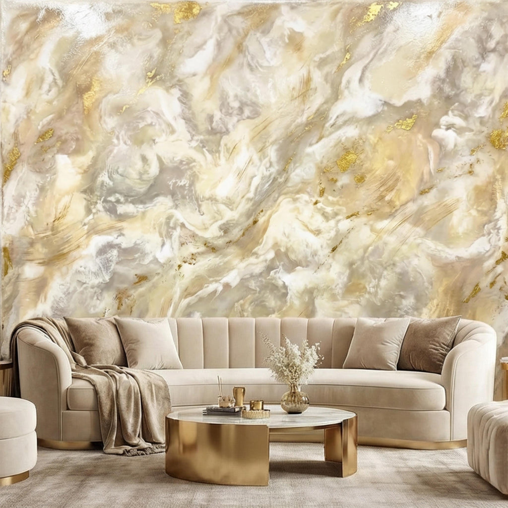 Textured Plaster Neutral Beige Gray with Gold Accents Peel and Stick Wall Mural, Modern Organic Minimal Wabi Sabi Style Wallpaper