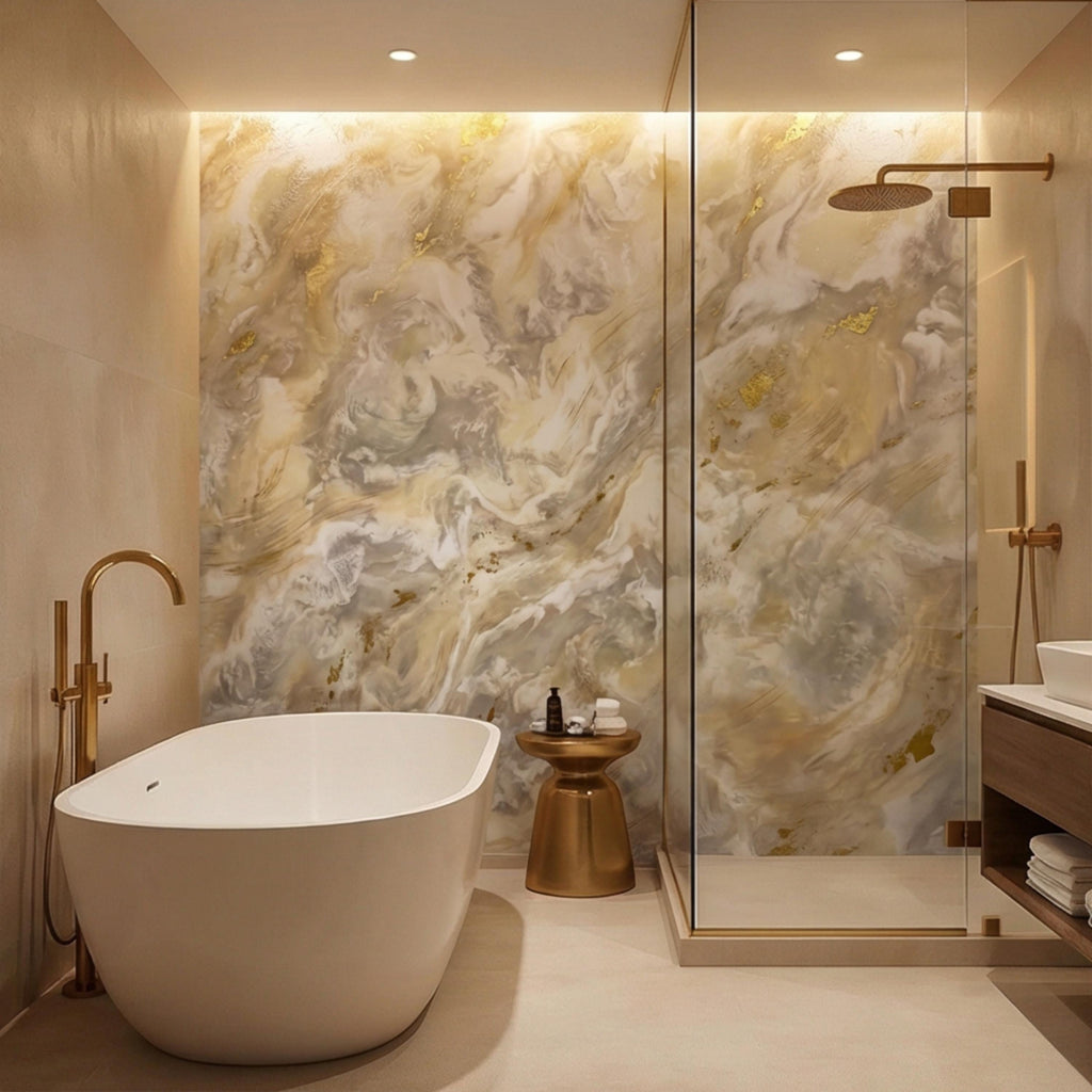Textured Plaster Neutral Beige Gray with Gold Accents Peel and Stick Wall Mural, Modern Organic Minimal Wabi Sabi Style Wallpaper