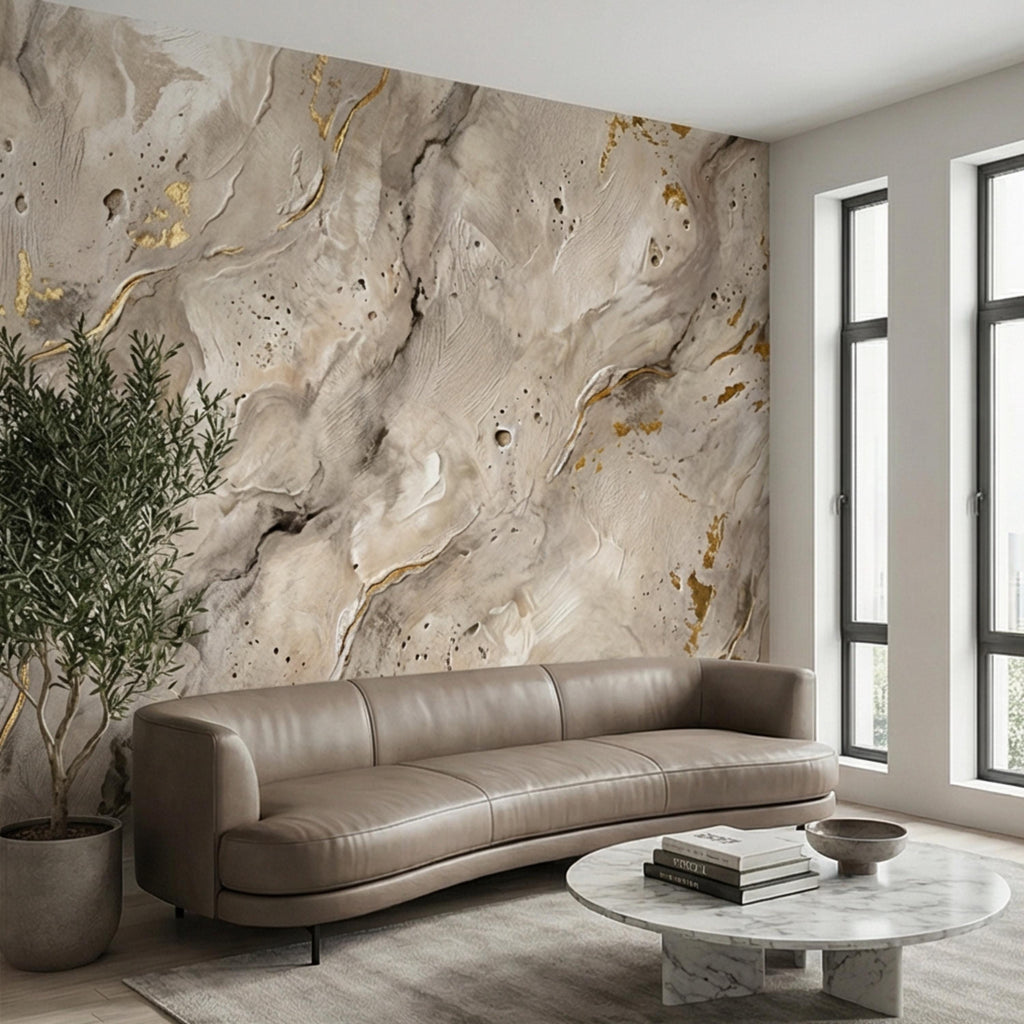 Modern Organic Neutral Beige Plaster Texture with Gold Accents Peel and Stick Wall Mural, Wabi Sabi Abstract Minimal Wallpaper