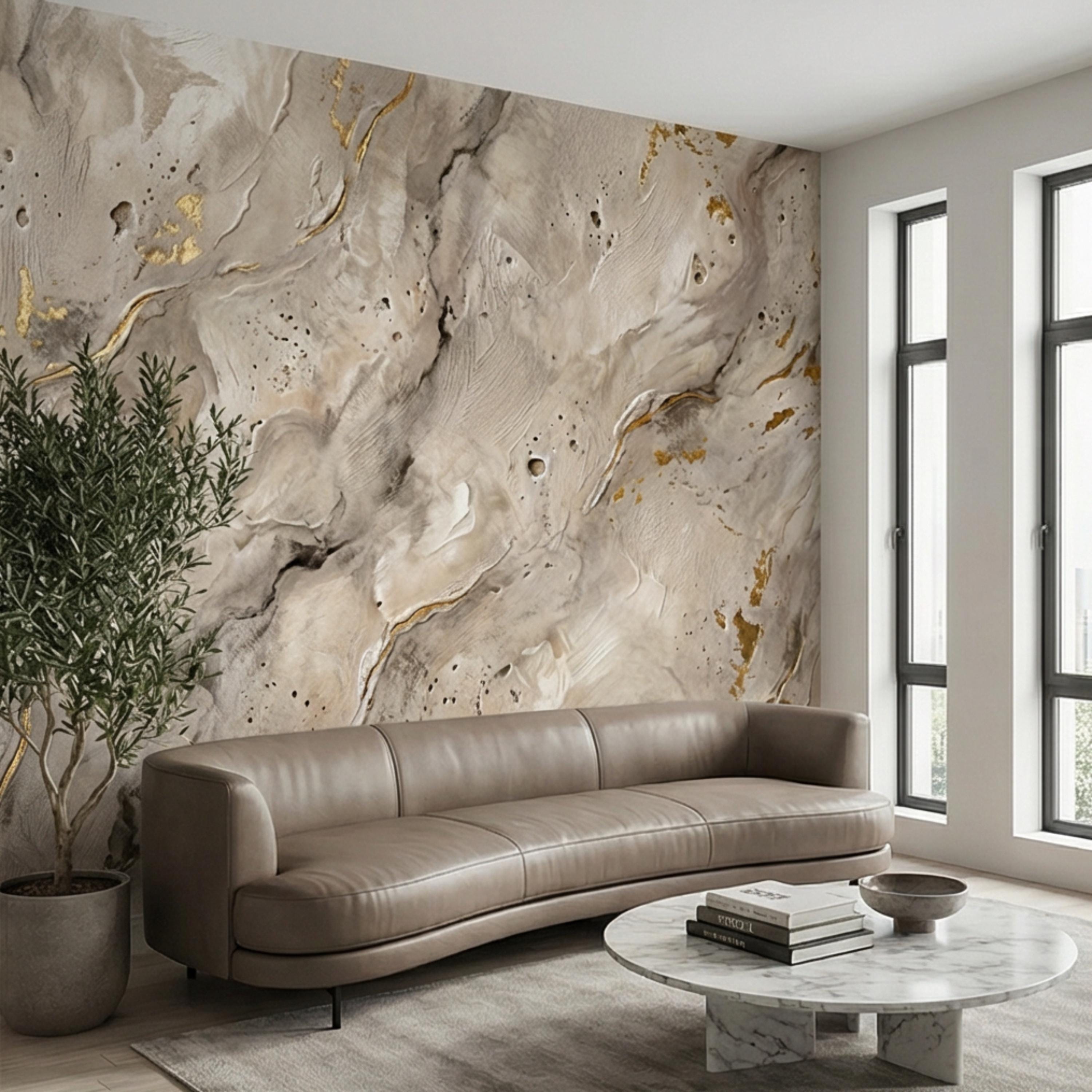 Modern Organic Neutral Beige Plaster Texture with Gold Accents Peel and Stick Wall Mural, Wabi Sabi Abstract Minimal Wallpaper