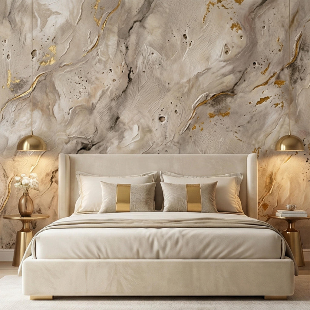 Modern Organic Neutral Beige Plaster Texture with Gold Accents Peel and Stick Wall Mural, Wabi Sabi Abstract Minimal Wallpaper