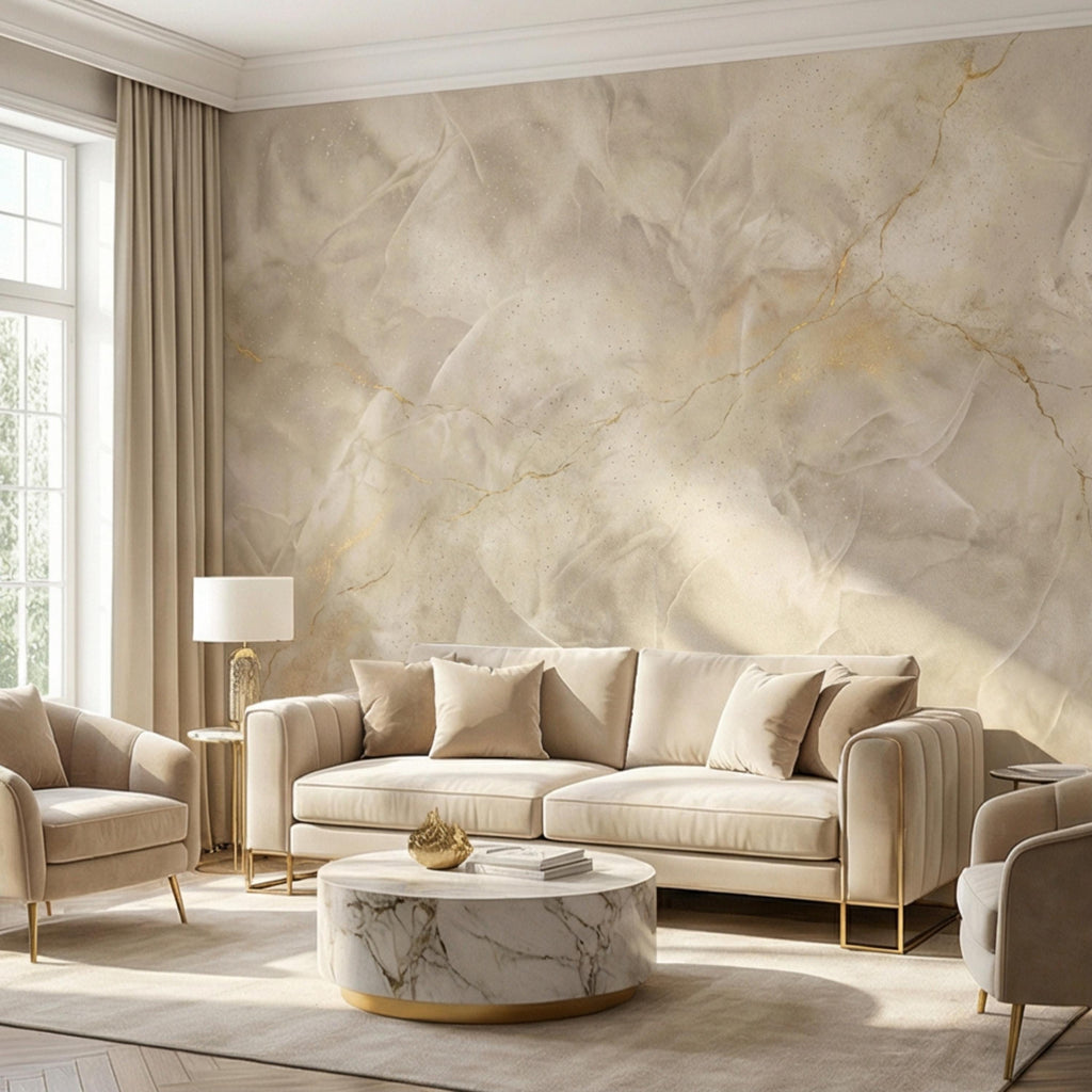 Neutral Cream Beige Plaster Texture with Gold Veins Peel and Stick Wall Mural, Modern Organic Wabi Sabi Abstract Wallpaper