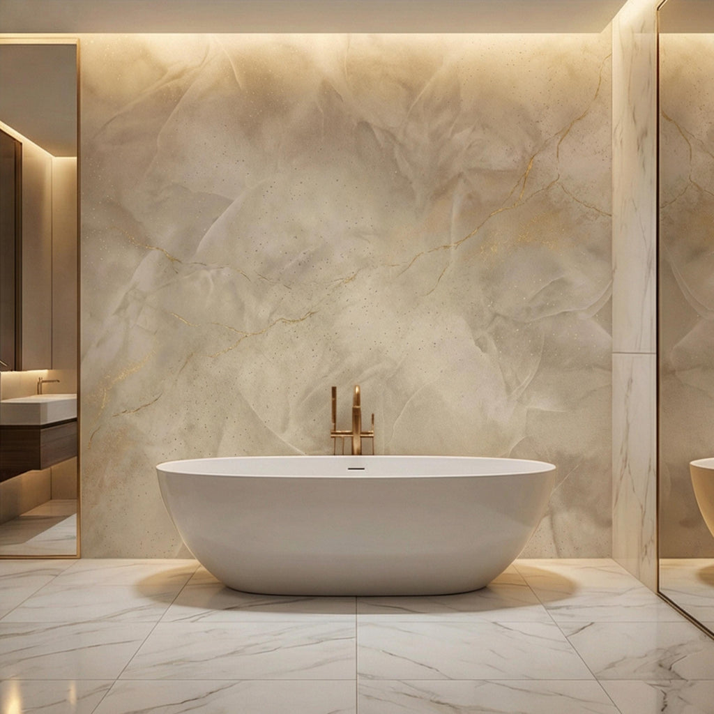 Neutral Cream Beige Plaster Texture with Gold Veins Peel and Stick Wall Mural, Modern Organic Wabi Sabi Abstract Wallpaper