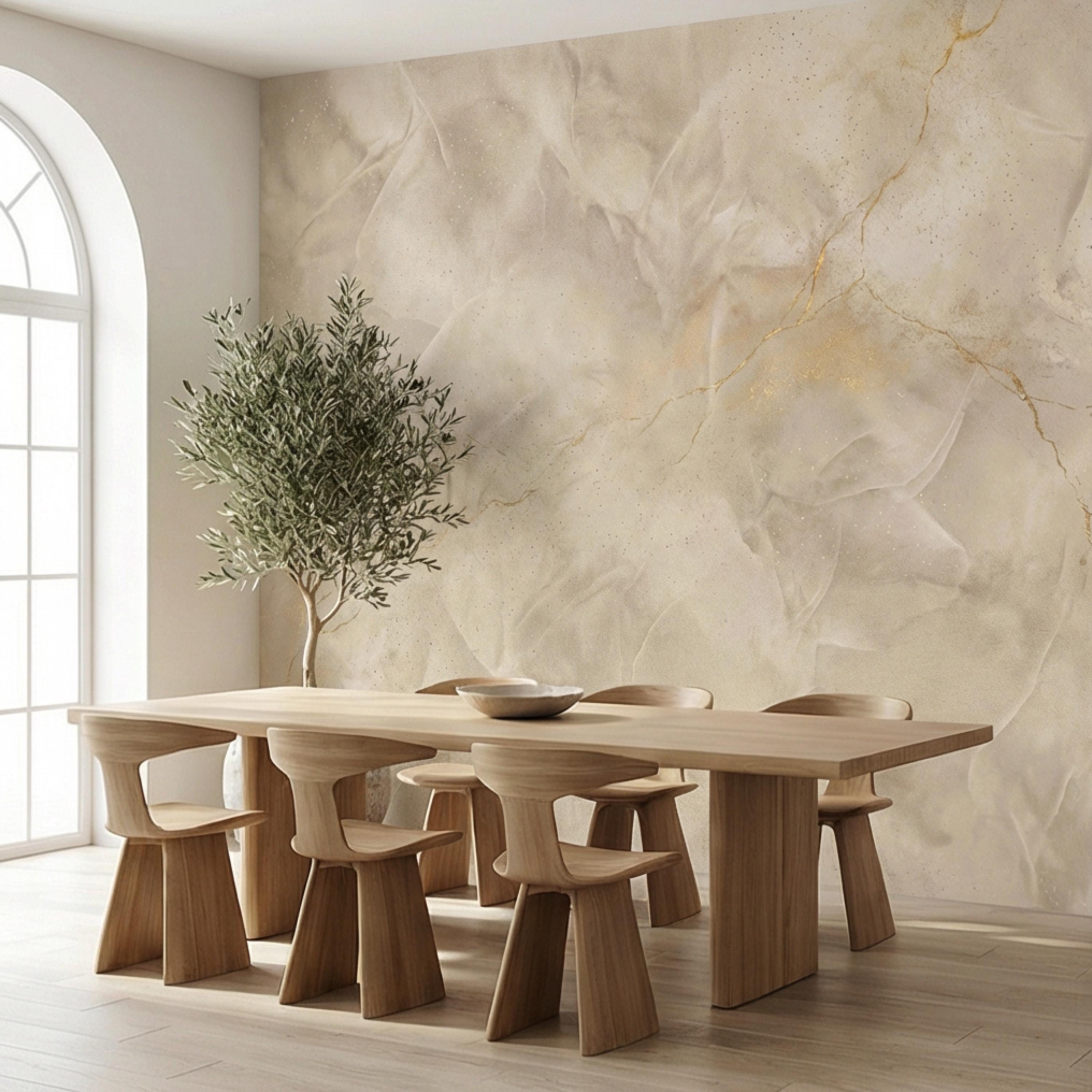 Neutral Cream Beige Plaster Texture with Gold Veins Peel and Stick Wall Mural, Modern Organic Wabi Sabi Abstract Wallpaper