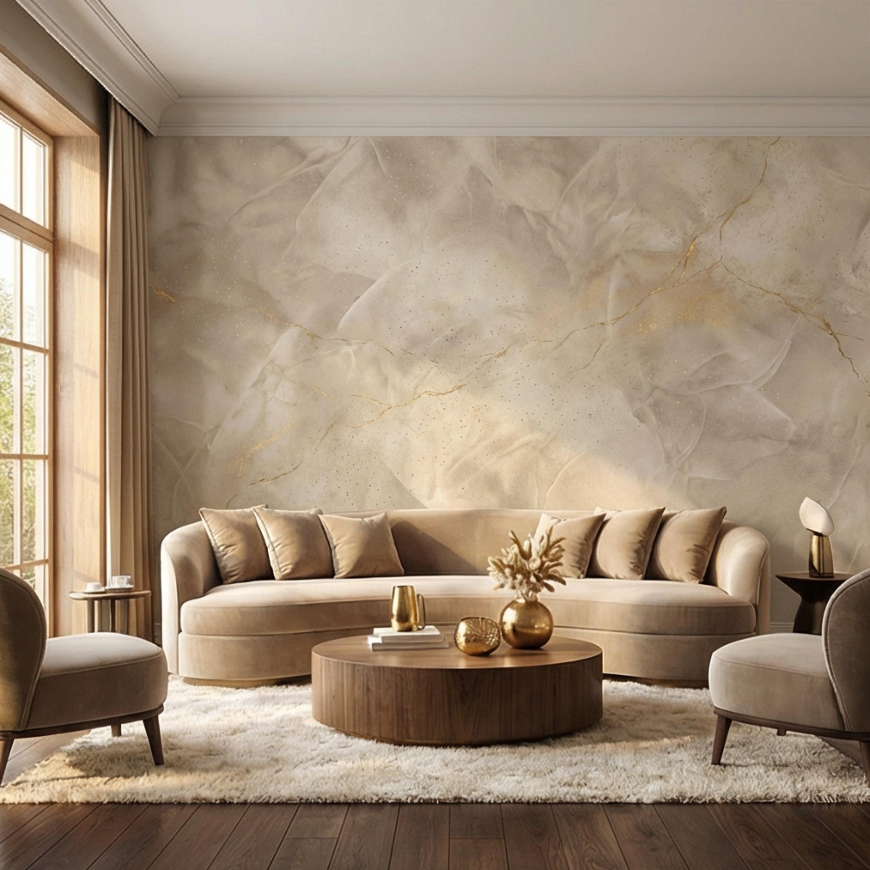Neutral Cream Beige Plaster Texture with Gold Veins Peel and Stick Wall Mural, Modern Organic Wabi Sabi Abstract Wallpaper