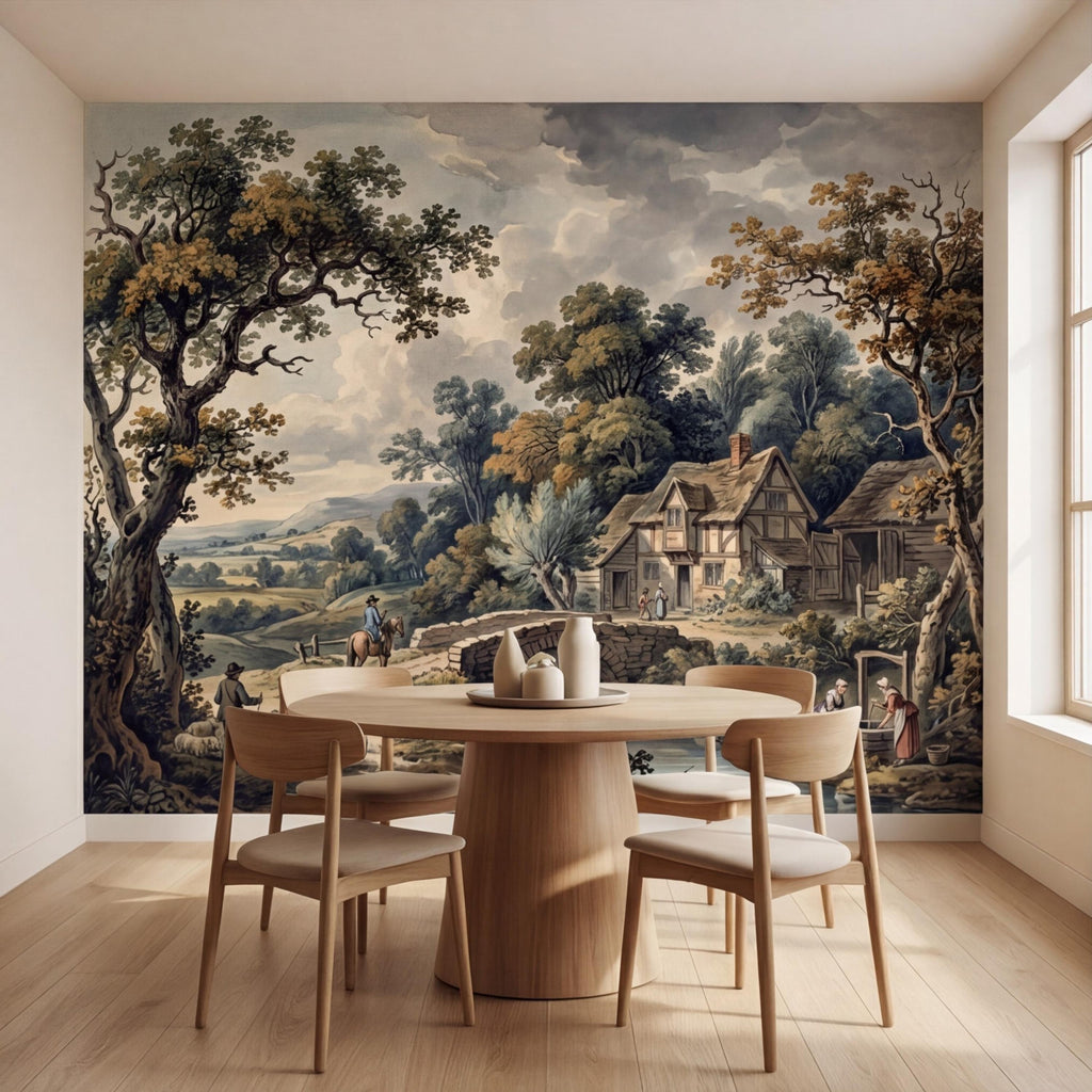 Vintage Pastoral Landscape Peel and Stick Wall Mural, English Countryside Cottage Stone Bridge River, Rustic Farmhouse Wallpaper