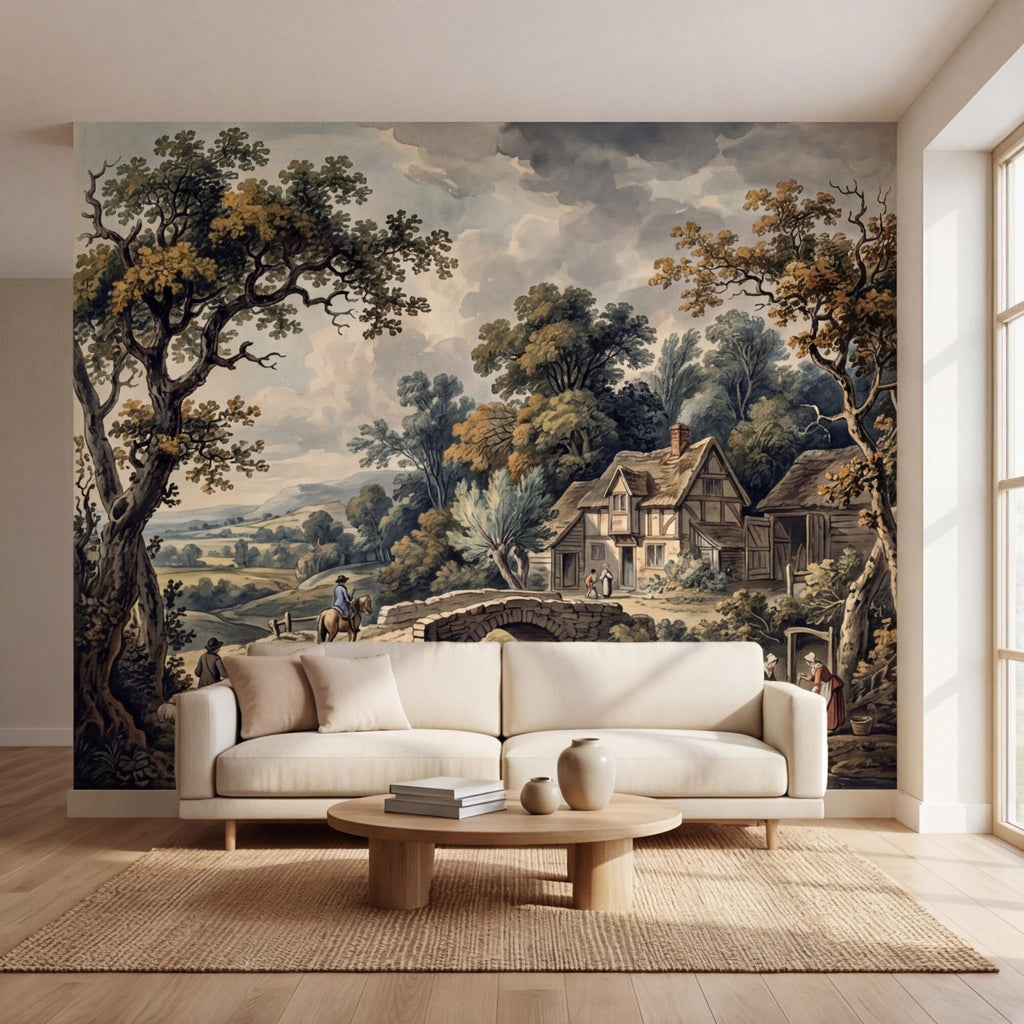 Vintage Pastoral Landscape Peel and Stick Wall Mural, English Countryside Cottage Stone Bridge River, Rustic Farmhouse Wallpaper