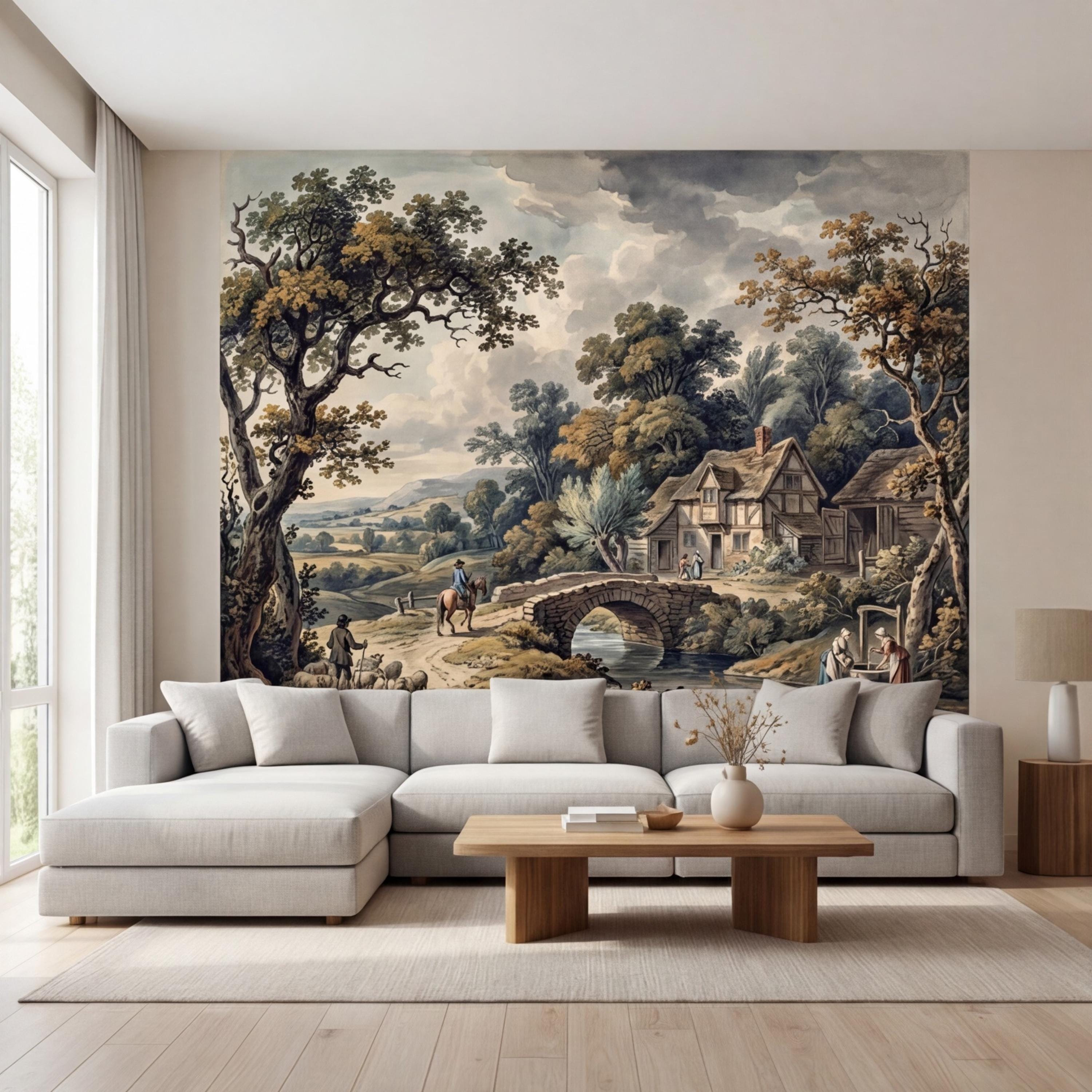 Vintage Pastoral Landscape Peel and Stick Wall Mural, English Countryside Cottage Stone Bridge River, Rustic Farmhouse Wallpaper