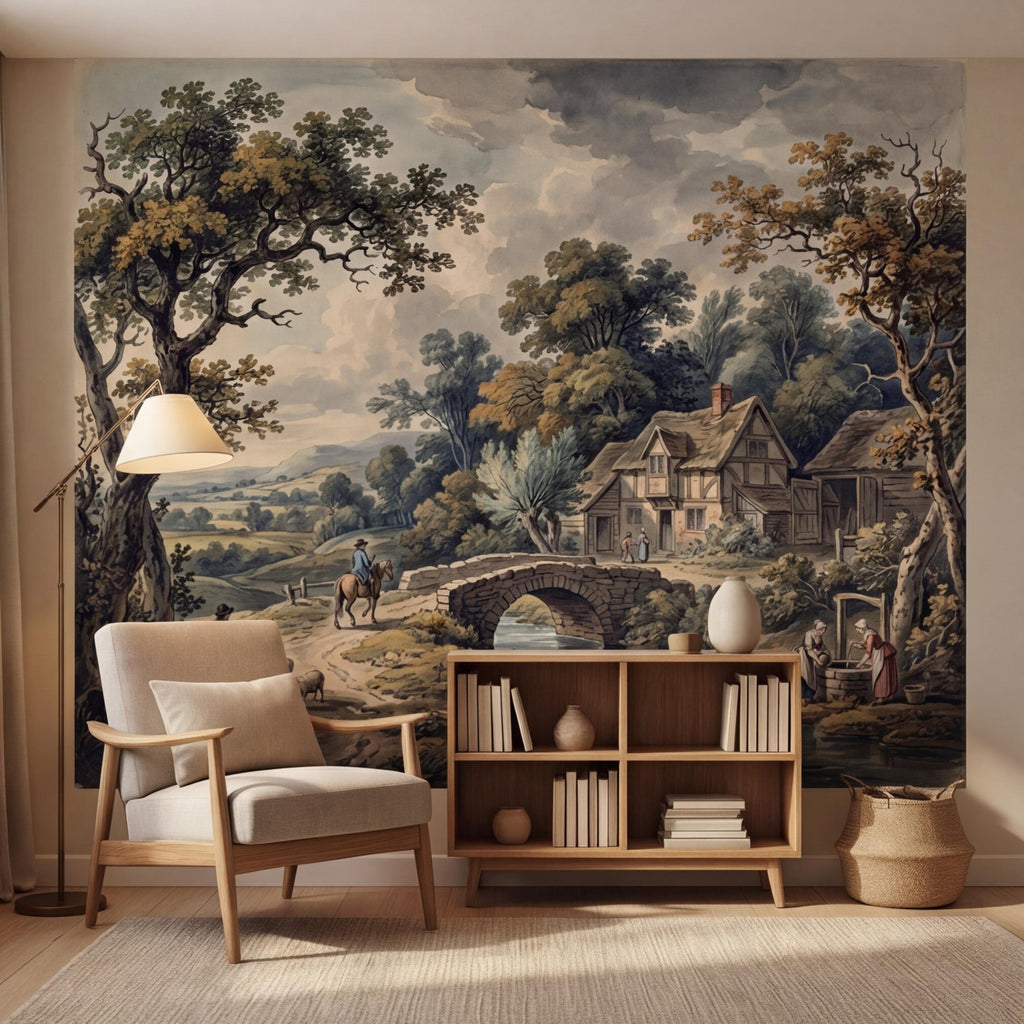 Vintage Pastoral Landscape Peel and Stick Wall Mural, English Countryside Cottage Stone Bridge River, Rustic Farmhouse Wallpaper