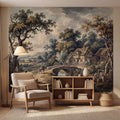 Vintage Pastoral Landscape Peel and Stick Wall Mural, English Countryside Cottage Stone Bridge River, Rustic Farmhouse Wallpaper