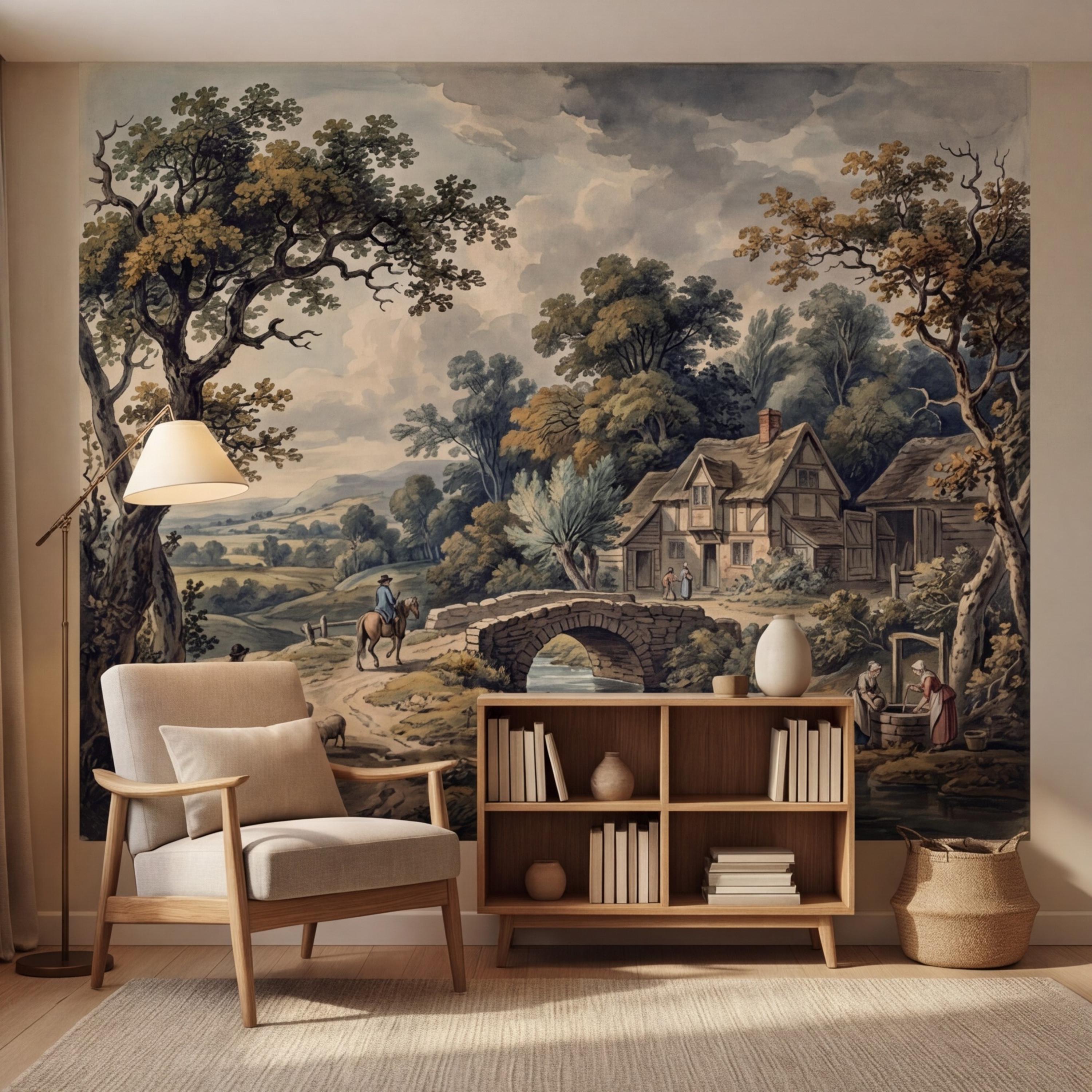 Vintage Pastoral Landscape Peel and Stick Wall Mural, English Countryside Cottage Stone Bridge River, Rustic Farmhouse Wallpaper