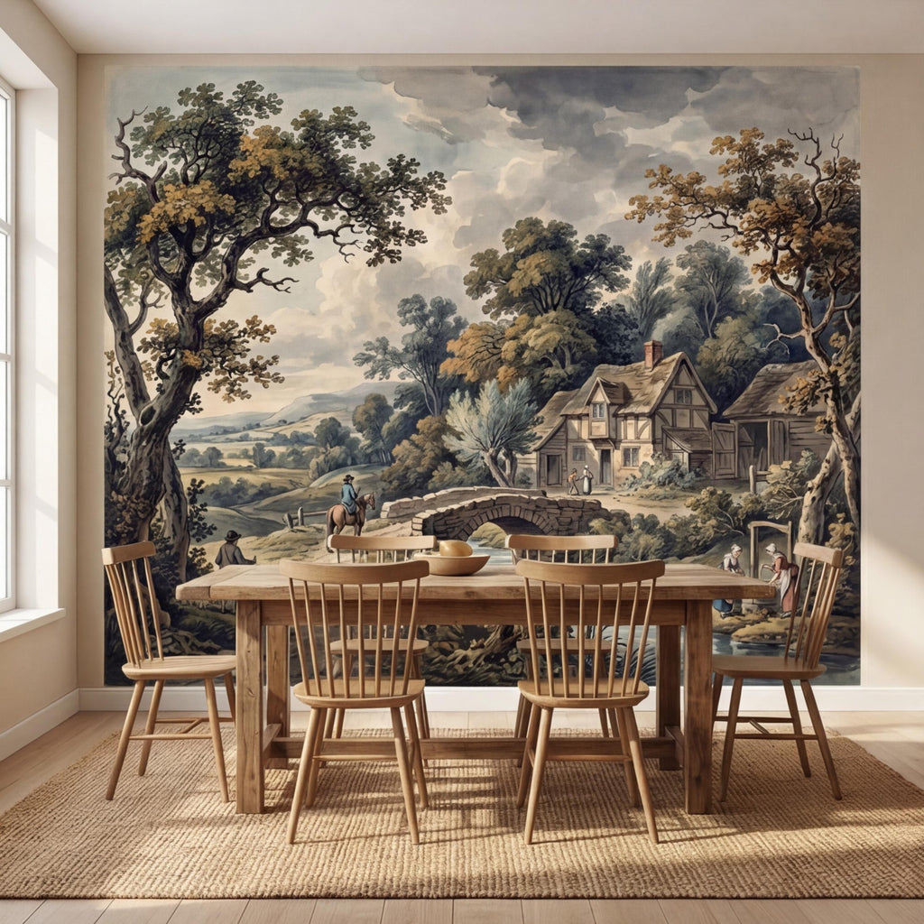 Vintage Pastoral Landscape Peel and Stick Wall Mural, English Countryside Cottage Stone Bridge River, Rustic Farmhouse Wallpaper