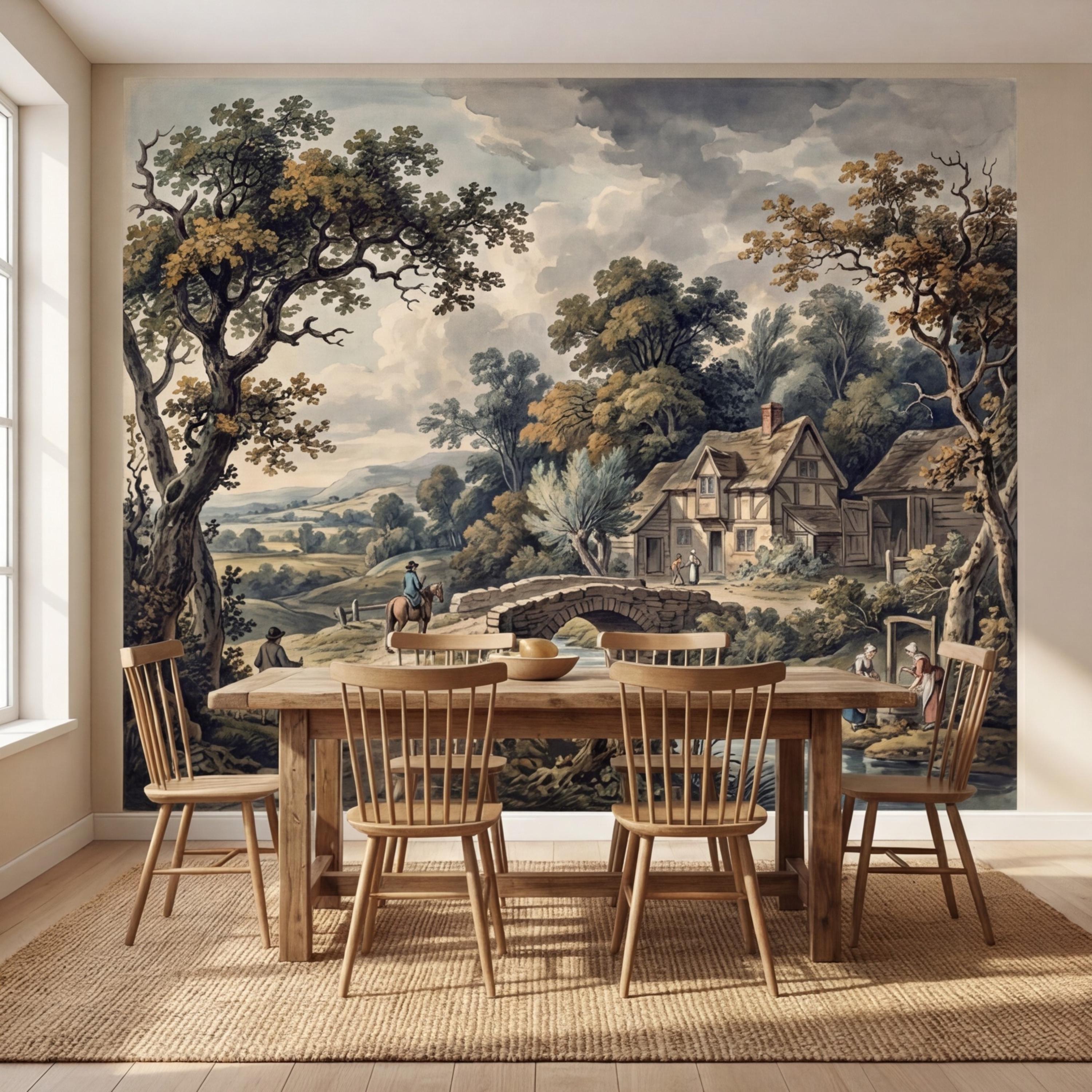 Vintage Pastoral Landscape Peel and Stick Wall Mural, English Countryside Cottage Stone Bridge River, Rustic Farmhouse Wallpaper