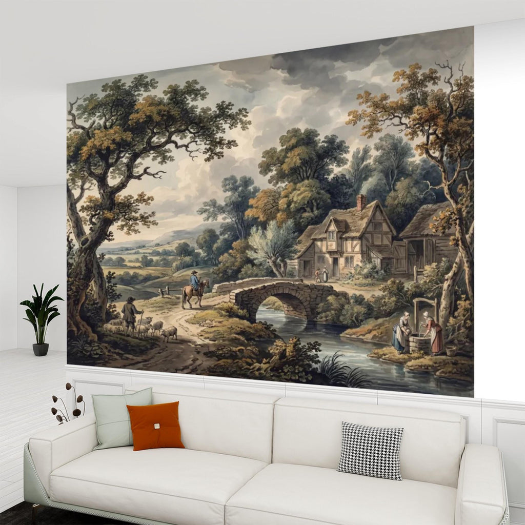 Vintage Pastoral Landscape Peel and Stick Wall Mural, English Countryside Cottage Stone Bridge River, Rustic Farmhouse Wallpaper