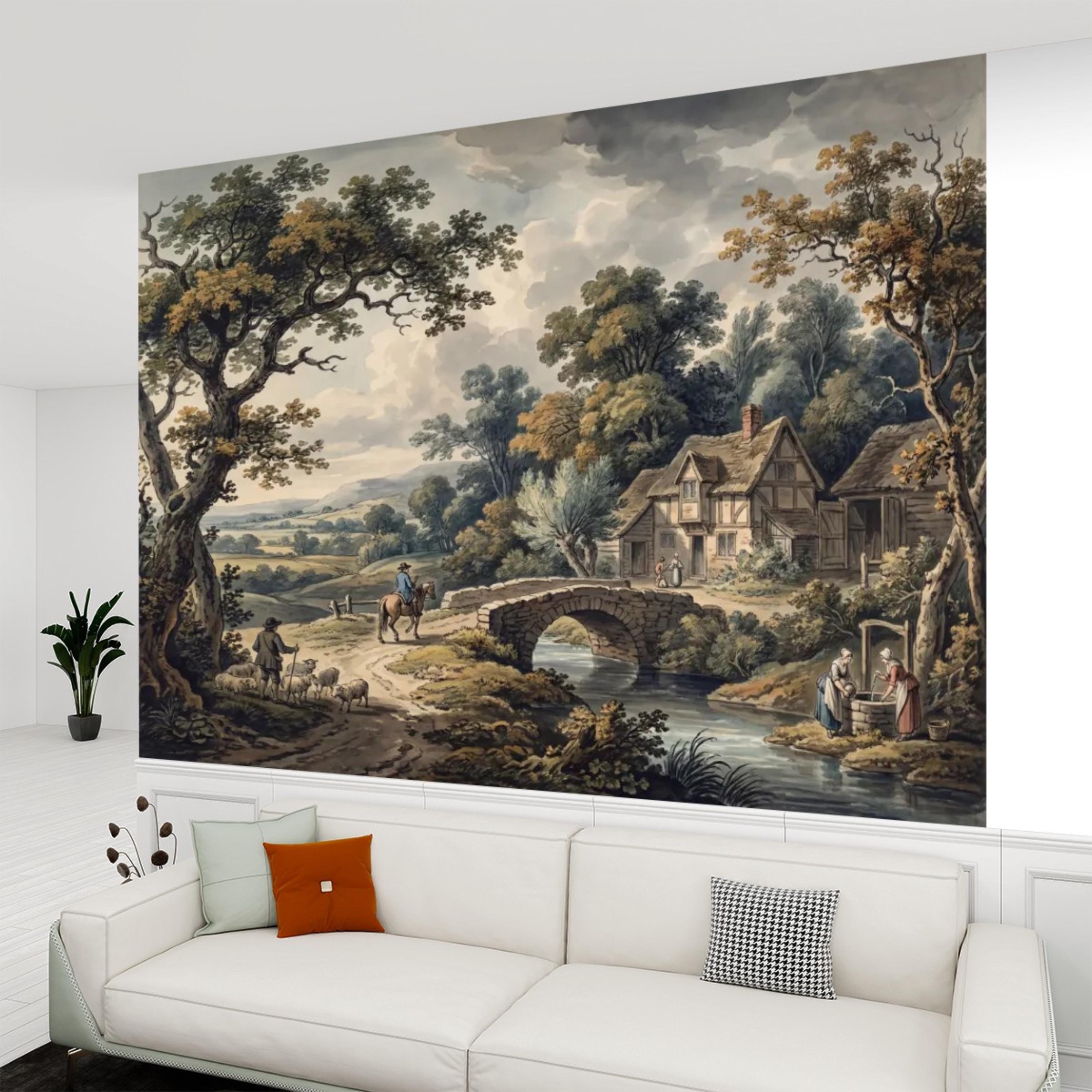 Vintage Pastoral Landscape Peel and Stick Wall Mural, English Countryside Cottage Stone Bridge River, Rustic Farmhouse Wallpaper