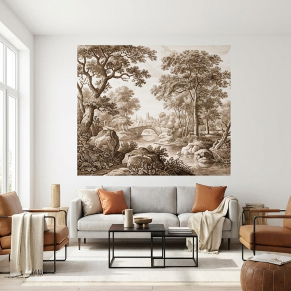 Sepia Vintage Engraving LandscapePeel and Stick Wall Mural, Woodland River Stone Bridge, Neutral Antique Toile Style Wallpaper