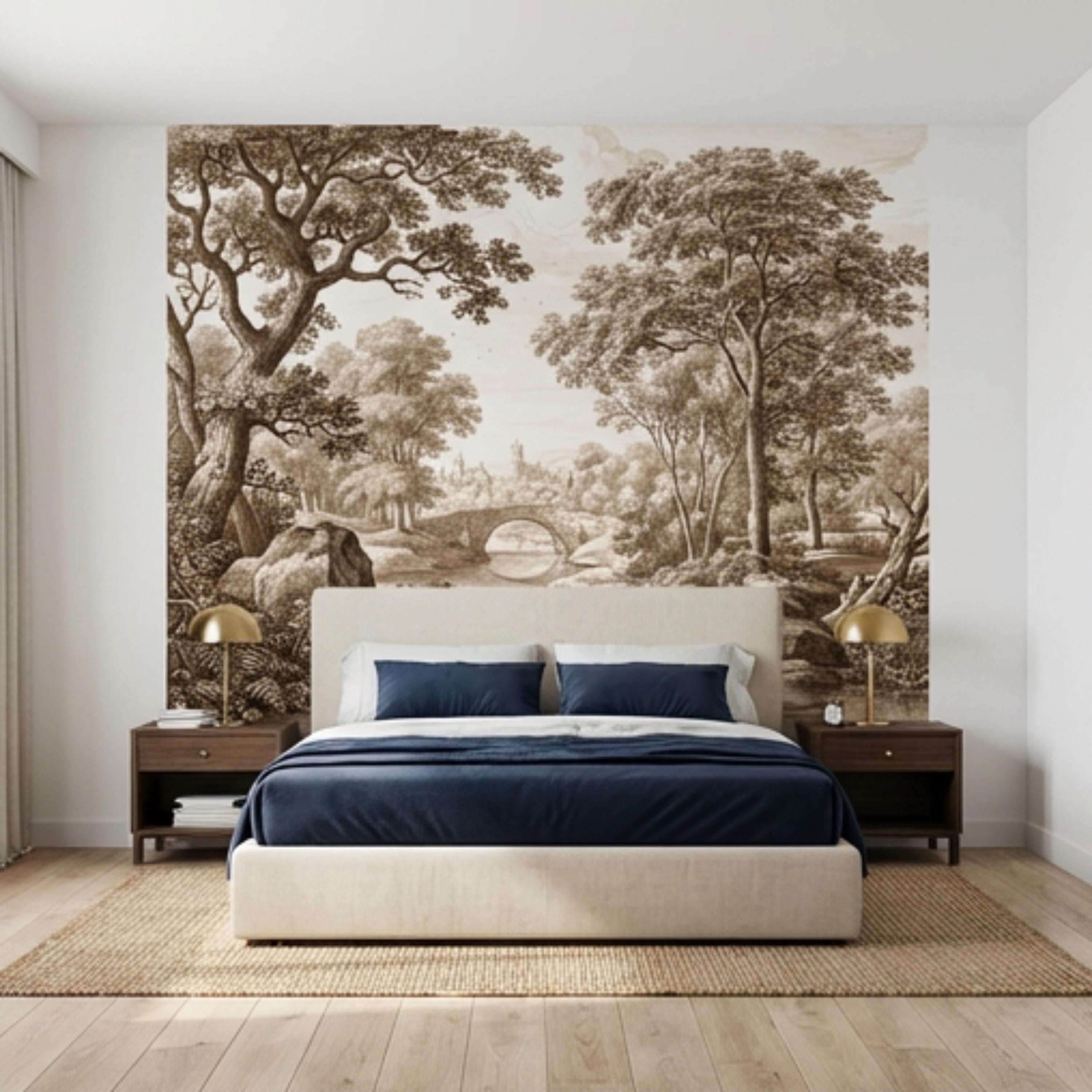 Sepia Vintage Engraving LandscapePeel and Stick Wall Mural, Woodland River Stone Bridge, Neutral Antique Toile Style Wallpaper