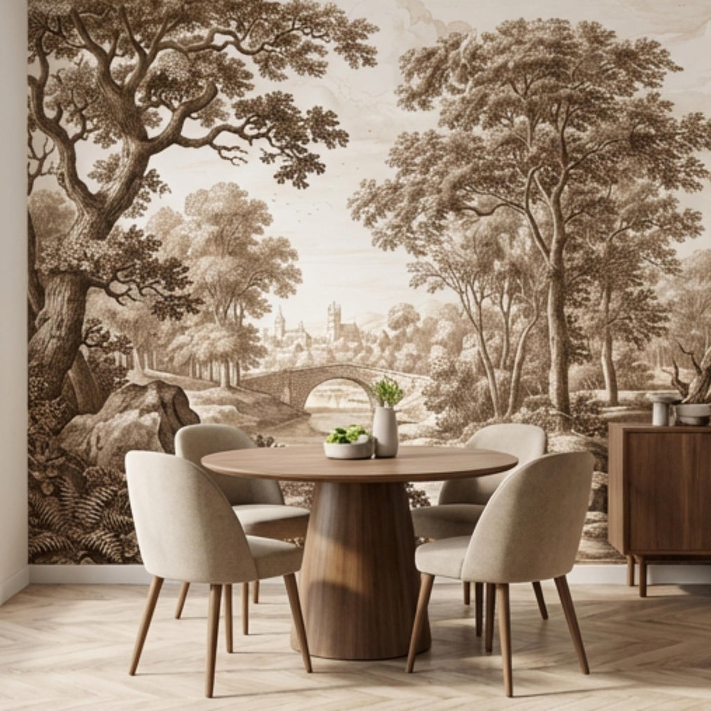 Sepia Vintage Engraving LandscapePeel and Stick Wall Mural, Woodland River Stone Bridge, Neutral Antique Toile Style Wallpaper