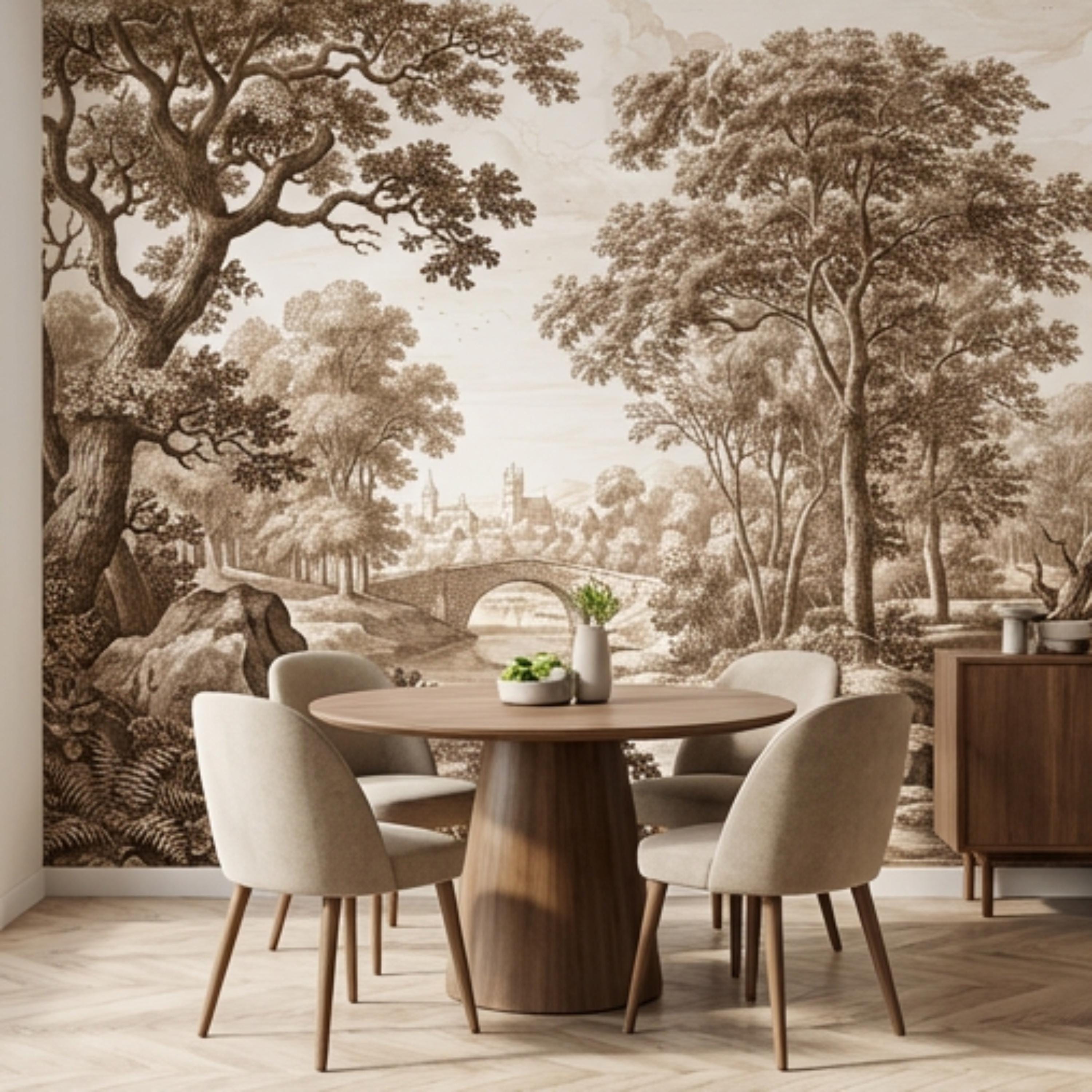 Sepia Vintage Engraving LandscapePeel and Stick Wall Mural, Woodland River Stone Bridge, Neutral Antique Toile Style Wallpaper
