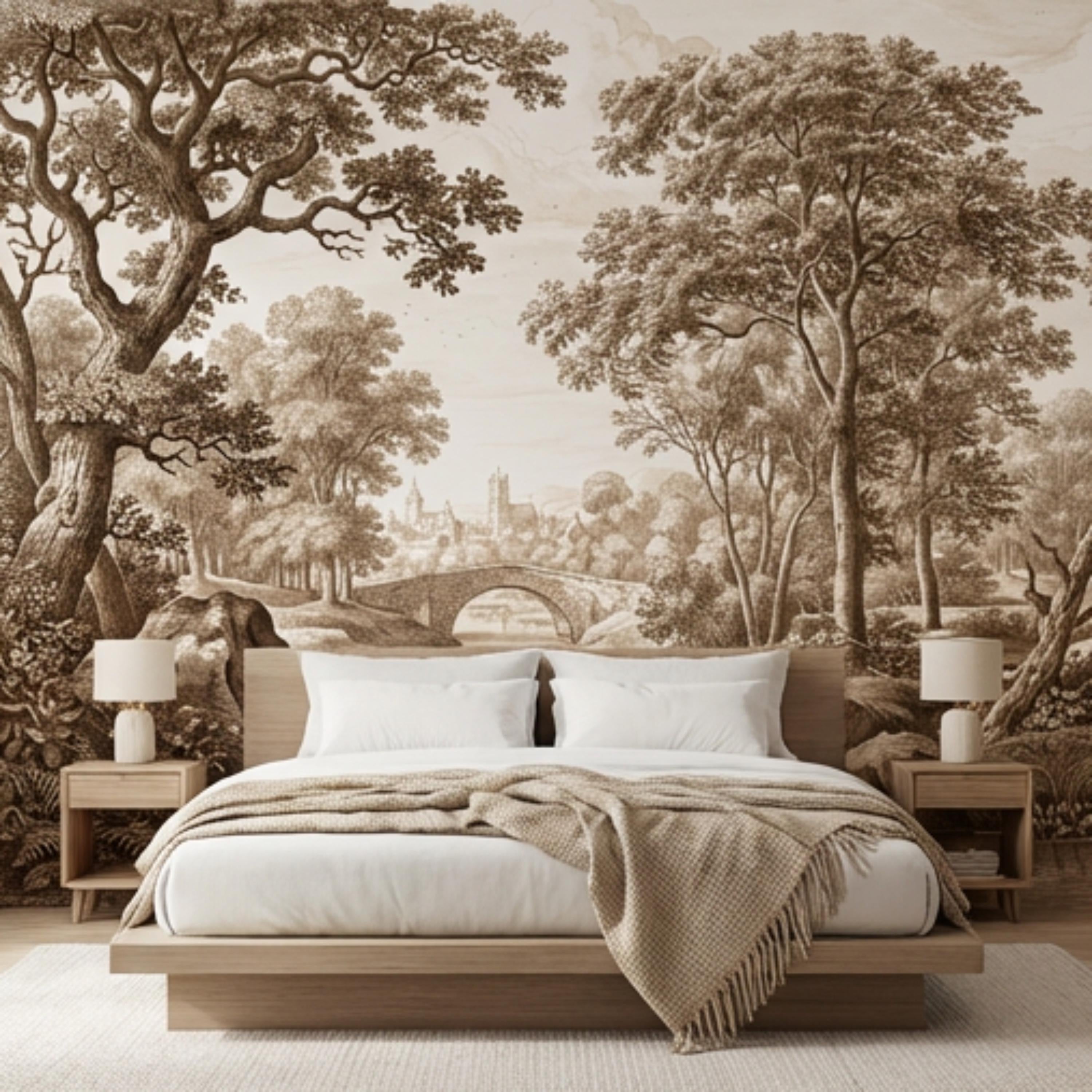 Sepia Vintage Engraving LandscapePeel and Stick Wall Mural, Woodland River Stone Bridge, Neutral Antique Toile Style Wallpaper