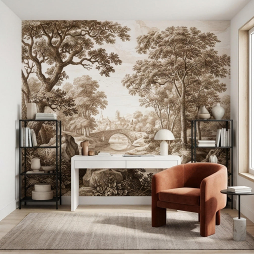 Sepia Vintage Engraving LandscapePeel and Stick Wall Mural, Woodland River Stone Bridge, Neutral Antique Toile Style Wallpaper
