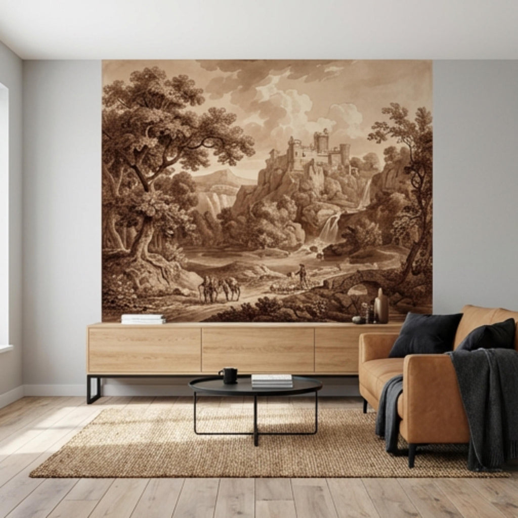 Sepia Vintage Castle Landscape Peel and Stick Wall Mural, Waterfall River Bridge Scene, Antique Engraving Style Wallpape