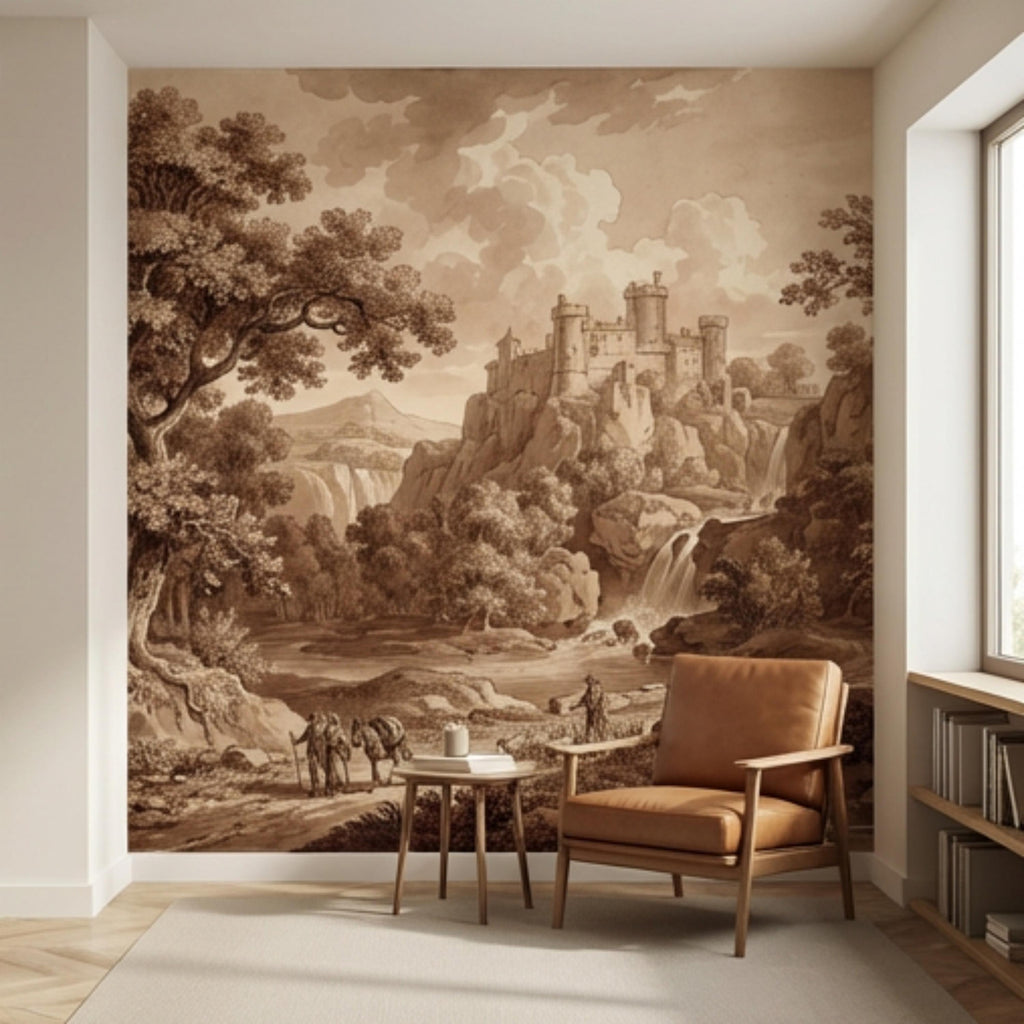 Sepia Vintage Castle Landscape Peel and Stick Wall Mural, Waterfall River Bridge Scene, Antique Engraving Style Wallpape