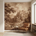 Sepia Vintage Castle Landscape Peel and Stick Wall Mural, Waterfall River Bridge Scene, Antique Engraving Style Wallpape