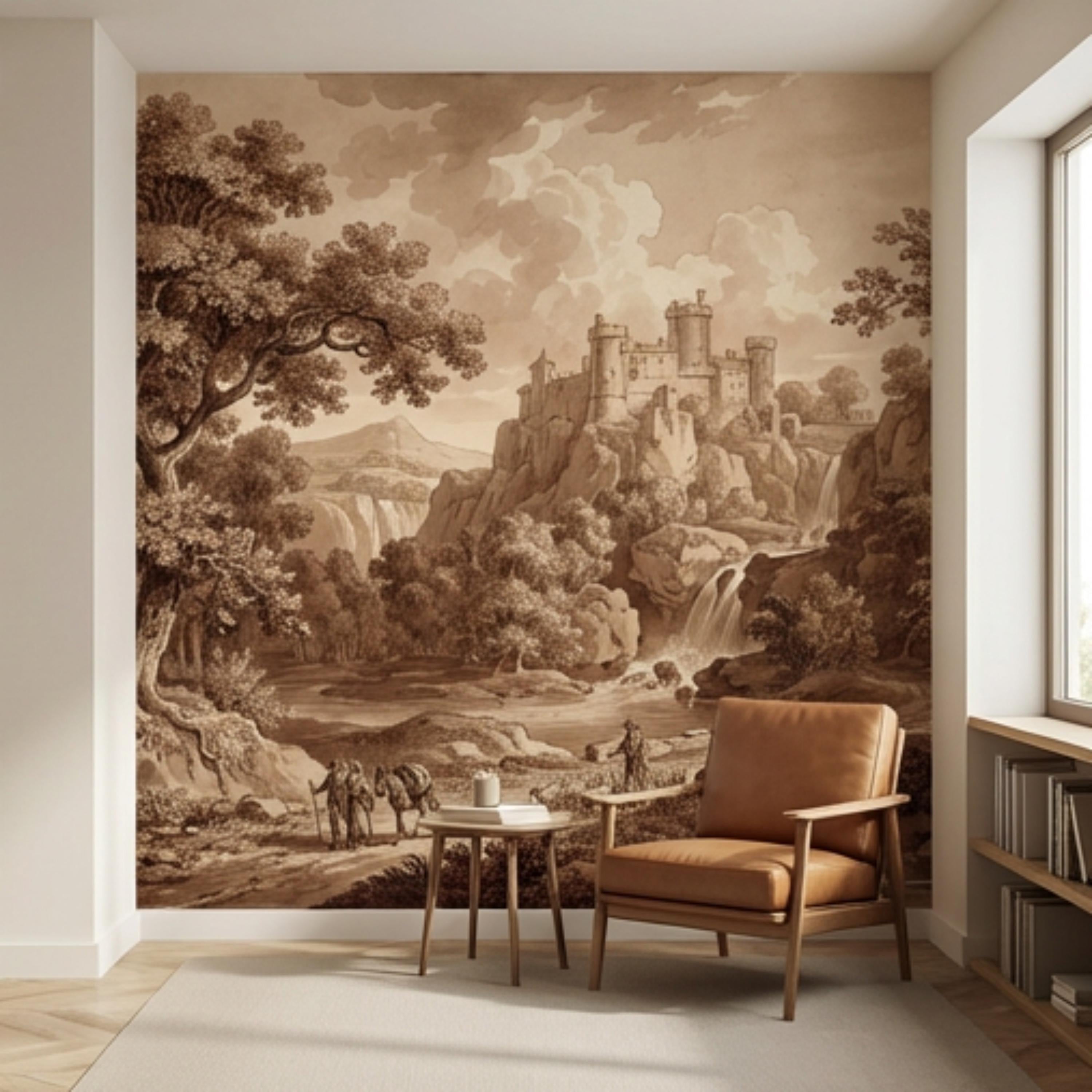 Sepia Vintage Castle Landscape Peel and Stick Wall Mural, Waterfall River Bridge Scene, Antique Engraving Style Wallpape