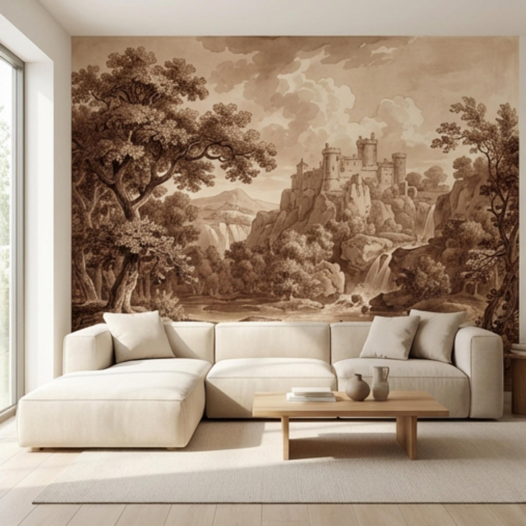 Sepia Vintage Castle Landscape Peel and Stick Wall Mural, Waterfall River Bridge Scene, Antique Engraving Style Wallpape