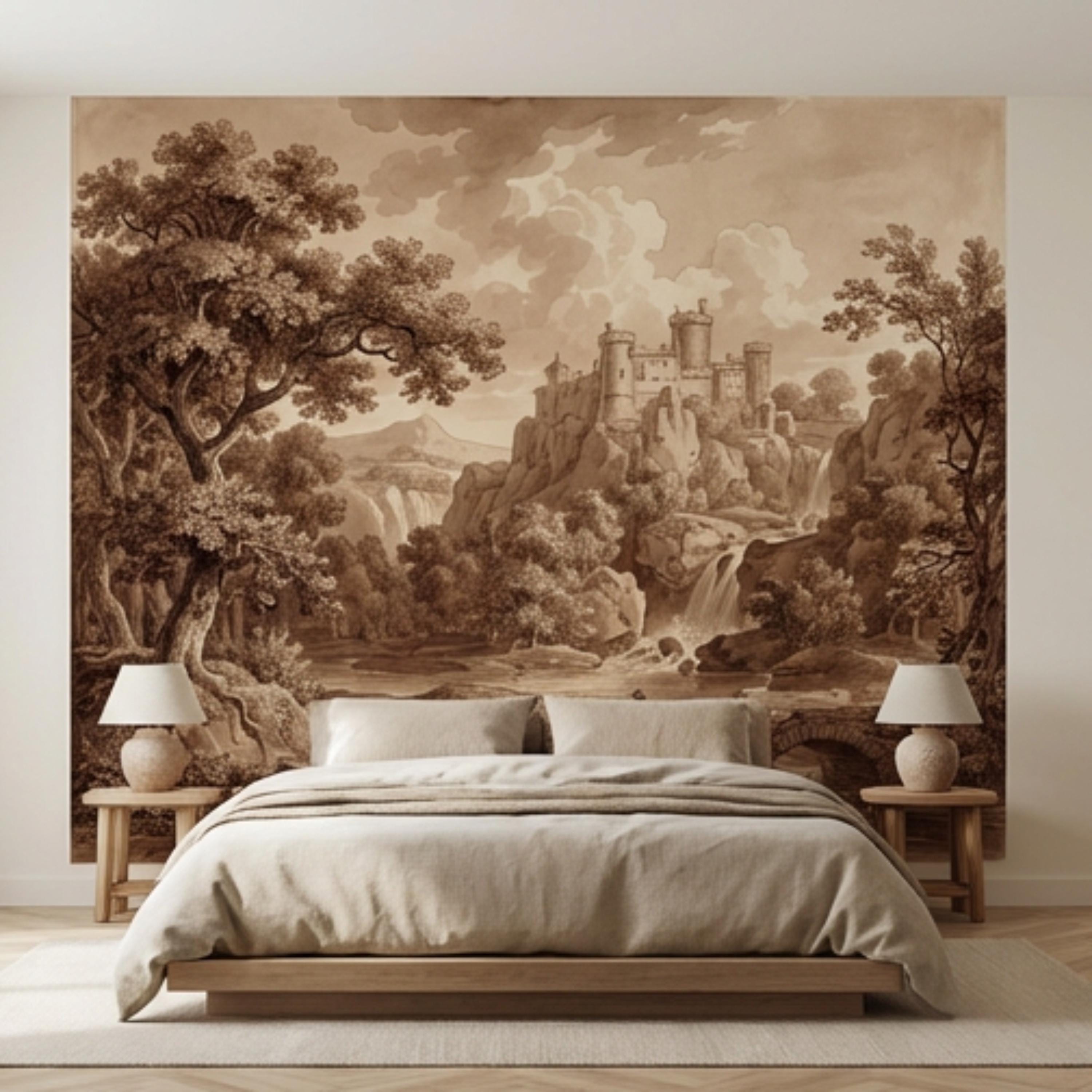 Sepia Vintage Castle Landscape Peel and Stick Wall Mural, Waterfall River Bridge Scene, Antique Engraving Style Wallpape