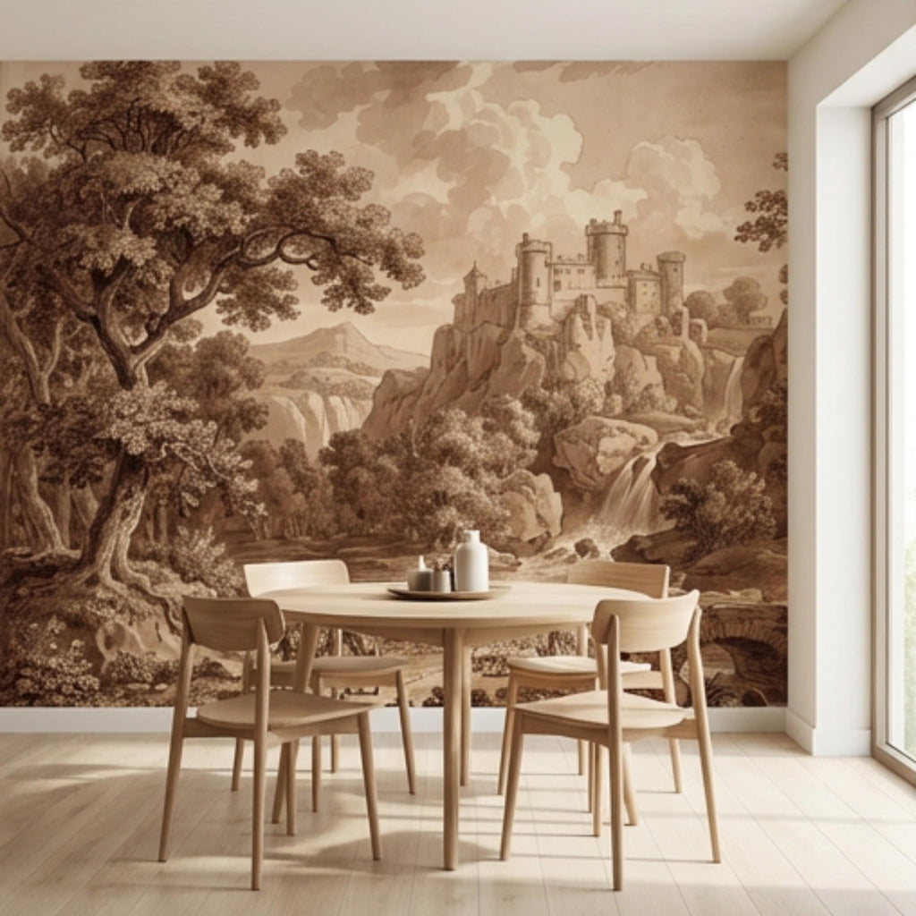 Sepia Vintage Castle Landscape Peel and Stick Wall Mural, Waterfall River Bridge Scene, Antique Engraving Style Wallpape