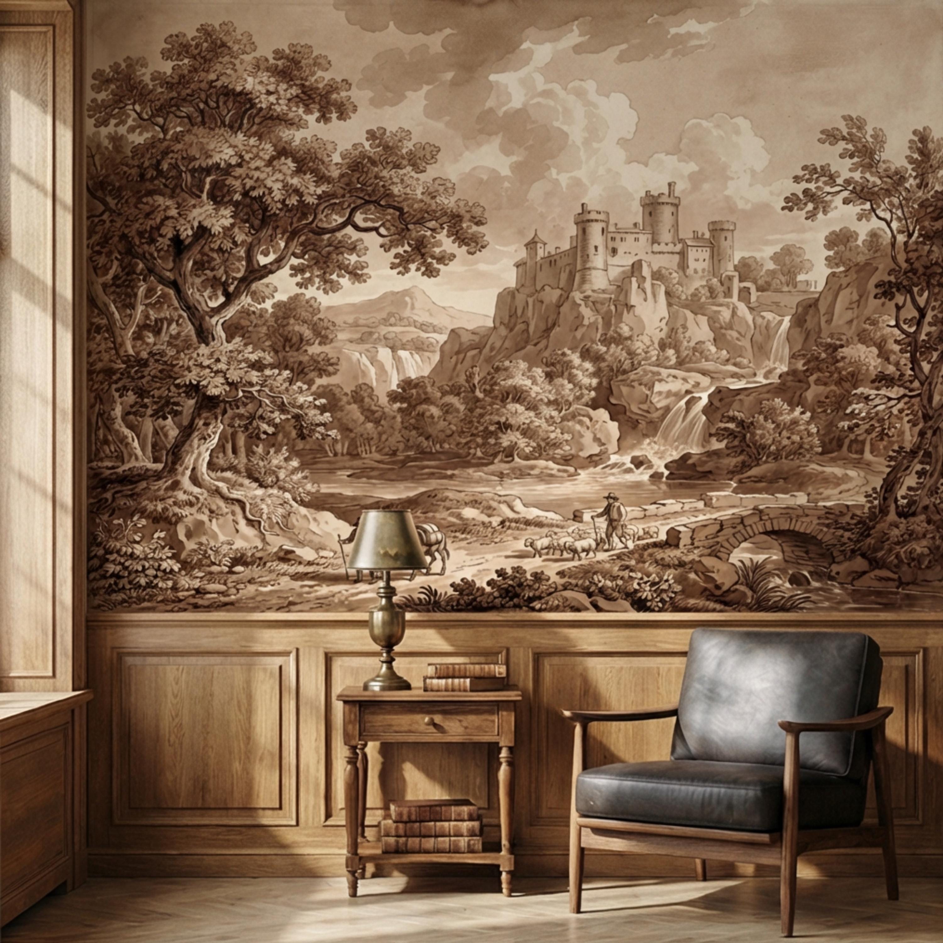 Sepia Vintage Castle Landscape Peel and Stick Wall Mural, Waterfall River Bridge Scene, Antique Engraving Style Wallpape