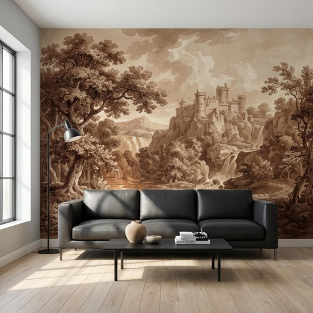Sepia Vintage Castle Landscape Peel and Stick Wall Mural, Waterfall River Bridge Scene, Antique Engraving Style Wallpape
