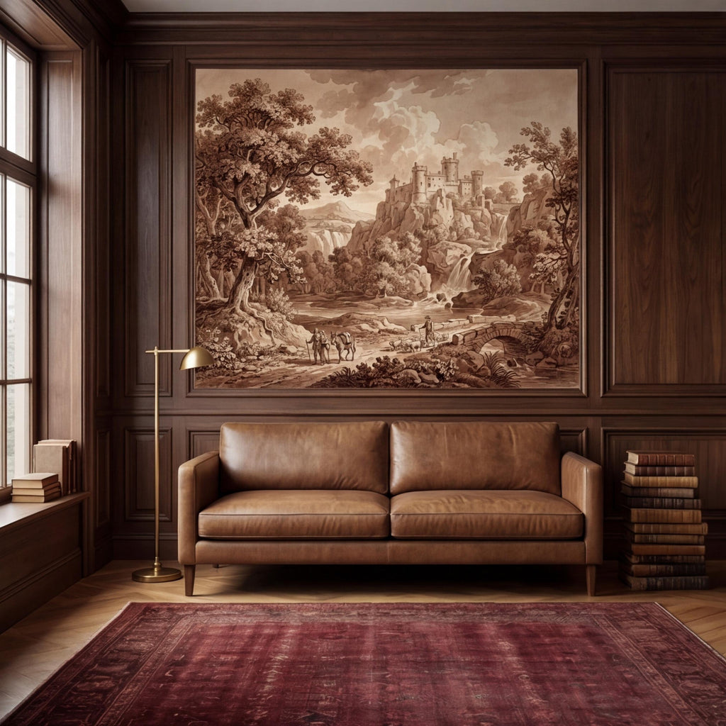 Sepia Vintage Castle Landscape Peel and Stick Wall Mural, Waterfall River Bridge Scene, Antique Engraving Style Wallpape