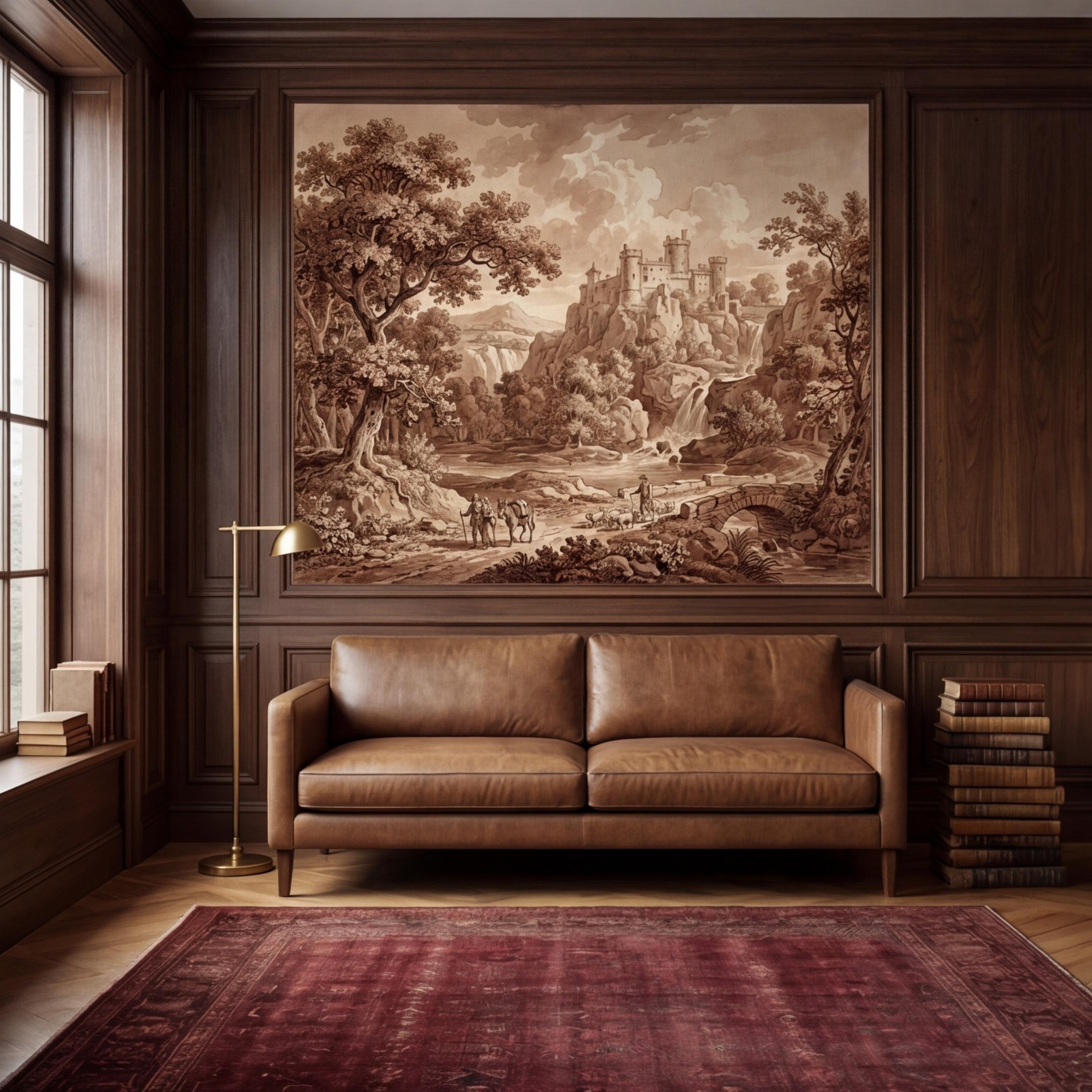 Sepia Vintage Castle Landscape Peel and Stick Wall Mural, Waterfall River Bridge Scene, Antique Engraving Style Wallpape