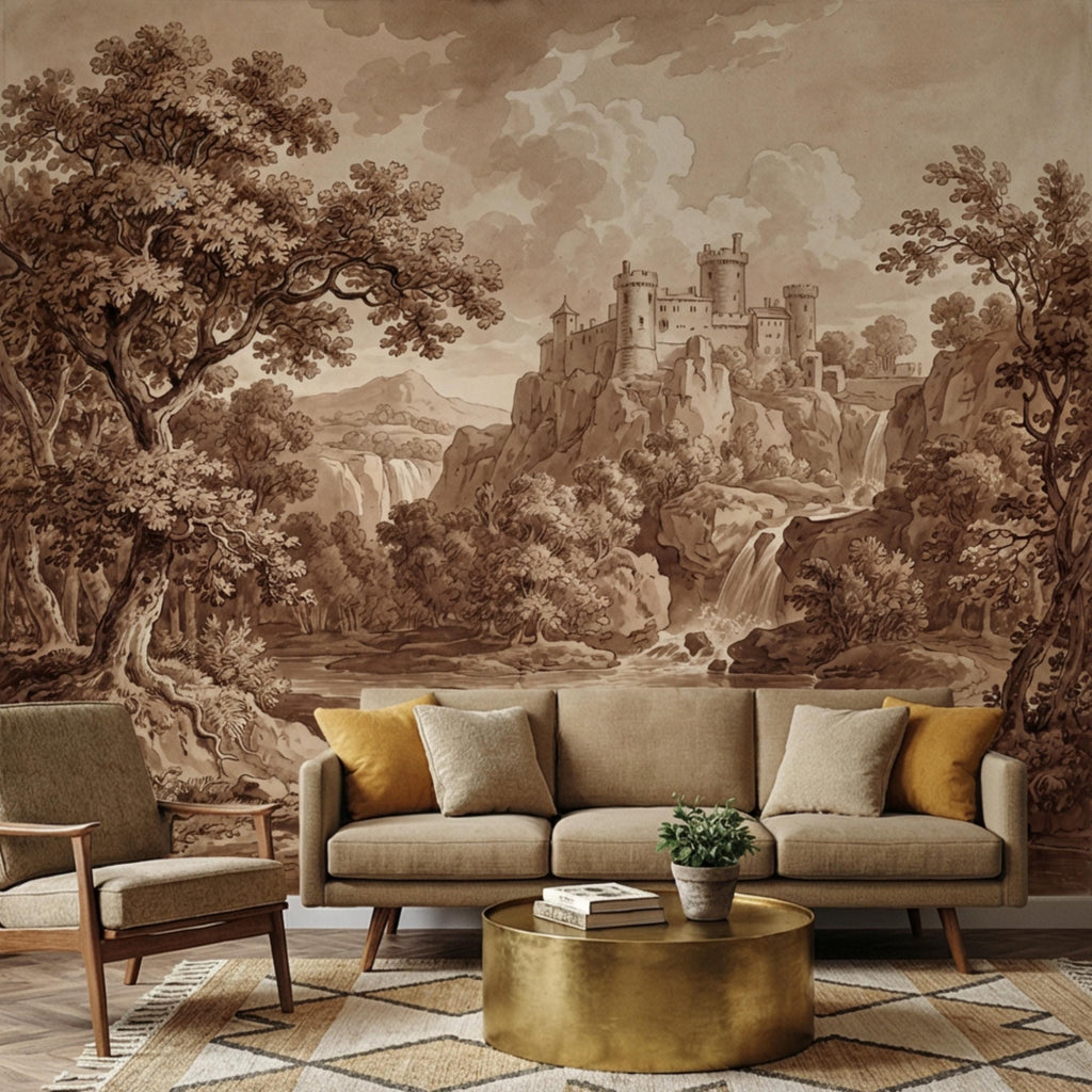 Sepia Vintage Castle Landscape Peel and Stick Wall Mural, Waterfall River Bridge Scene, Antique Engraving Style Wallpape