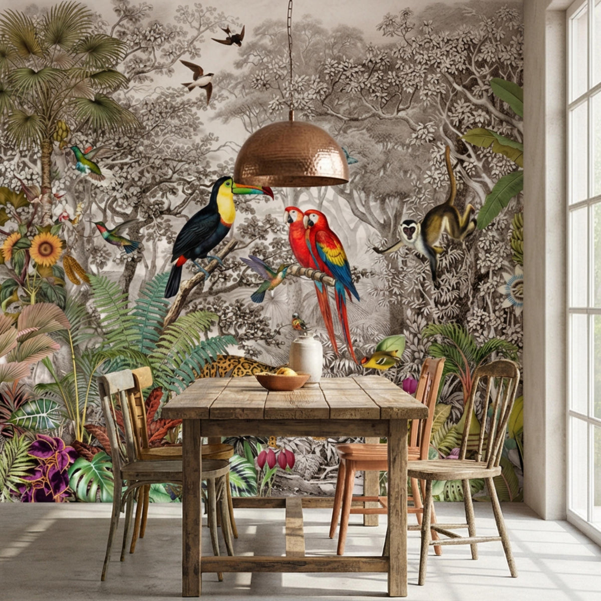 Jungle animal wall mural with toucan, macaw, jaguar, and layered forest foliage