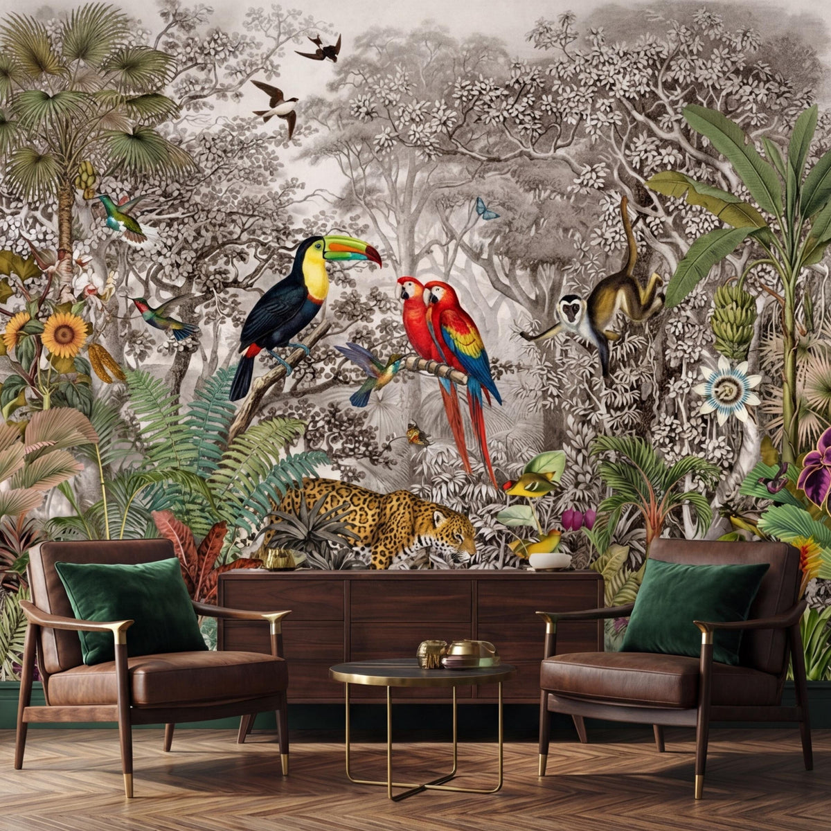 Vintage jungle wall mural with toucan, macaw, jaguar, monkeys and botanical vines