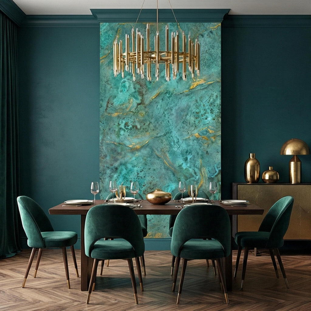 Modern Abstract Teal Plaster Patina Texture with Gold Veins Peel and Stick Wall Mural, Modern Organic Wabi Sabi Wallpaper