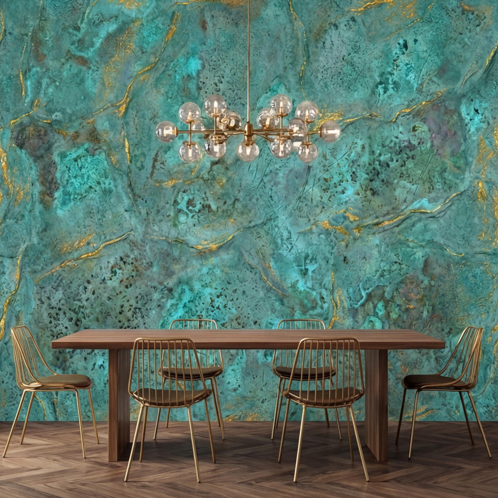 Modern Abstract Teal Plaster Patina Texture with Gold Veins Peel and Stick Wall Mural, Modern Organic Wabi Sabi Wallpaper