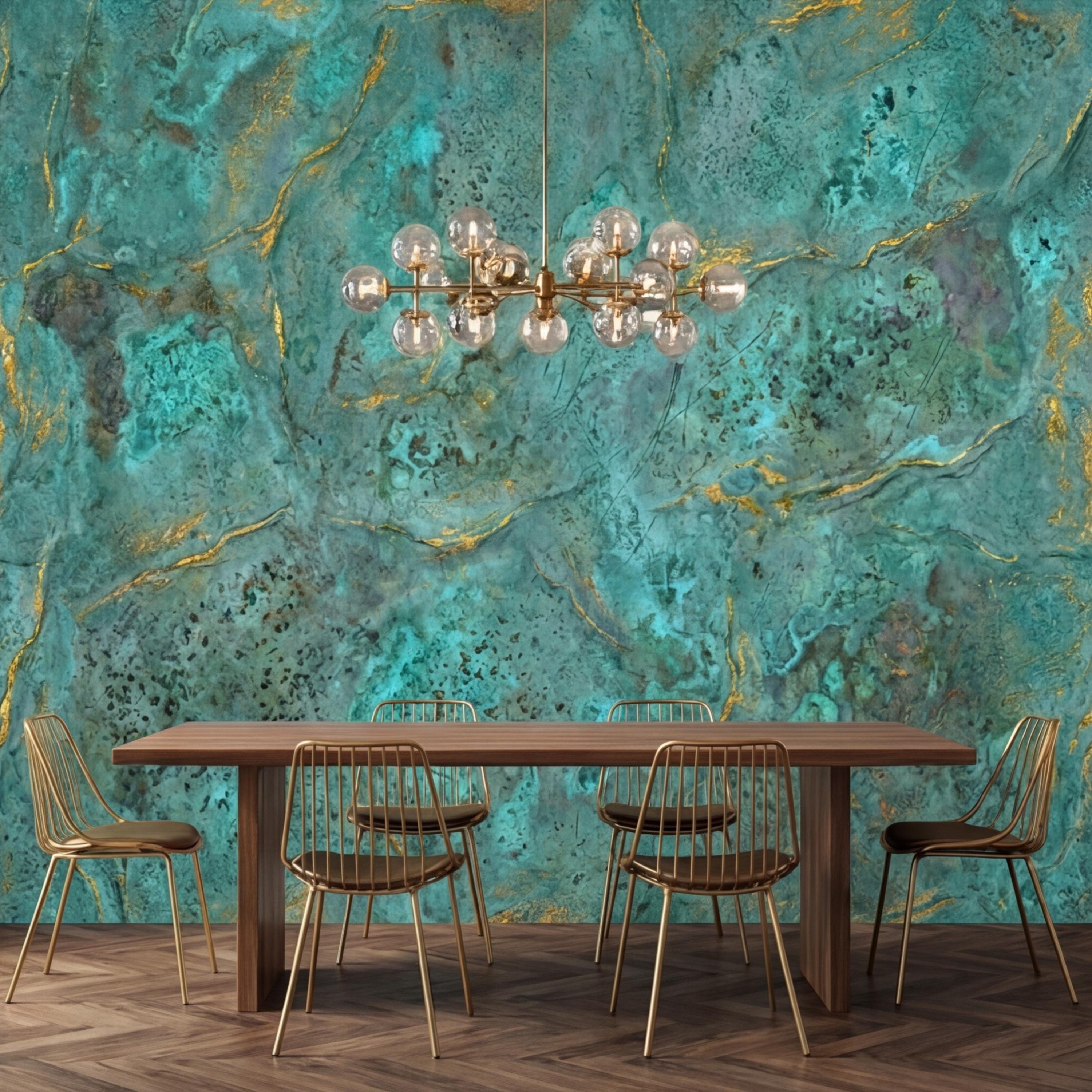 Modern Abstract Teal Plaster Patina Texture with Gold Veins Peel and Stick Wall Mural, Modern Organic Wabi Sabi Wallpaper