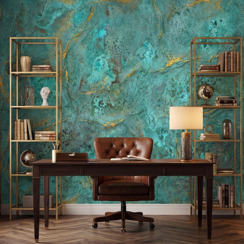 Modern Abstract Teal Plaster Patina Texture with Gold Veins Peel and Stick Wall Mural, Modern Organic Wabi Sabi Wallpaper