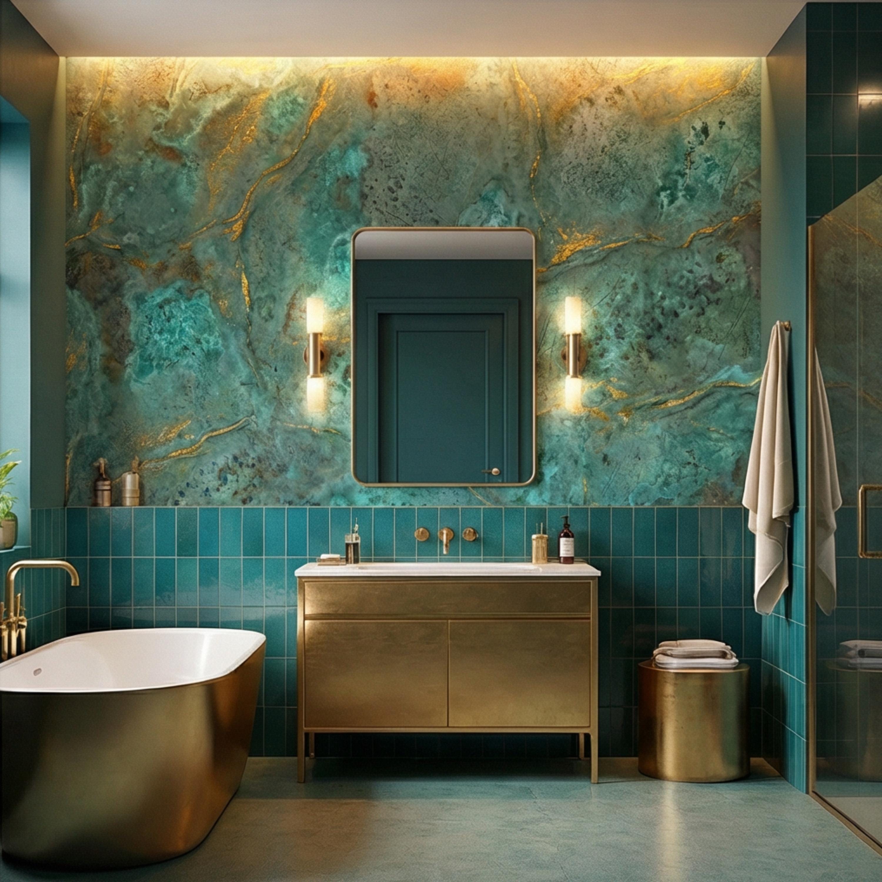 Modern Abstract Teal Plaster Patina Texture with Gold Veins Peel and Stick Wall Mural, Modern Organic Wabi Sabi Wallpaper