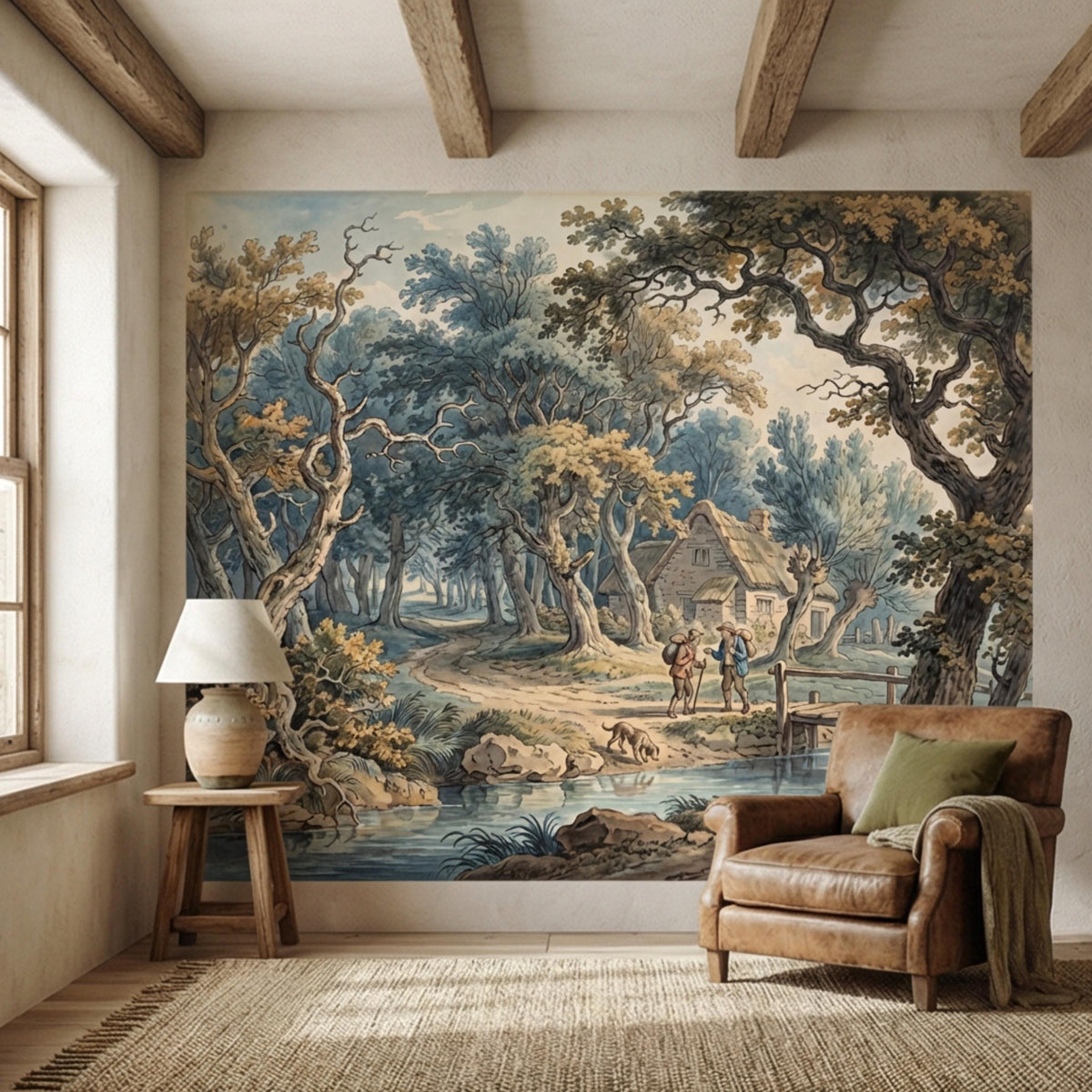 Countryside wall mural with blue river, trees, cottage, and people in rustic landscape