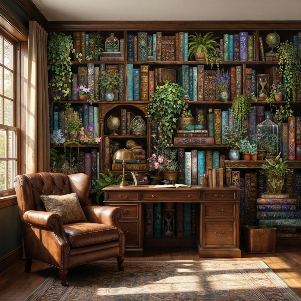 Vintage Library Bookshelf with Plants, Dark Academia Study, Antique Bookcase Bookshelves Peel and Stick Wall Mural