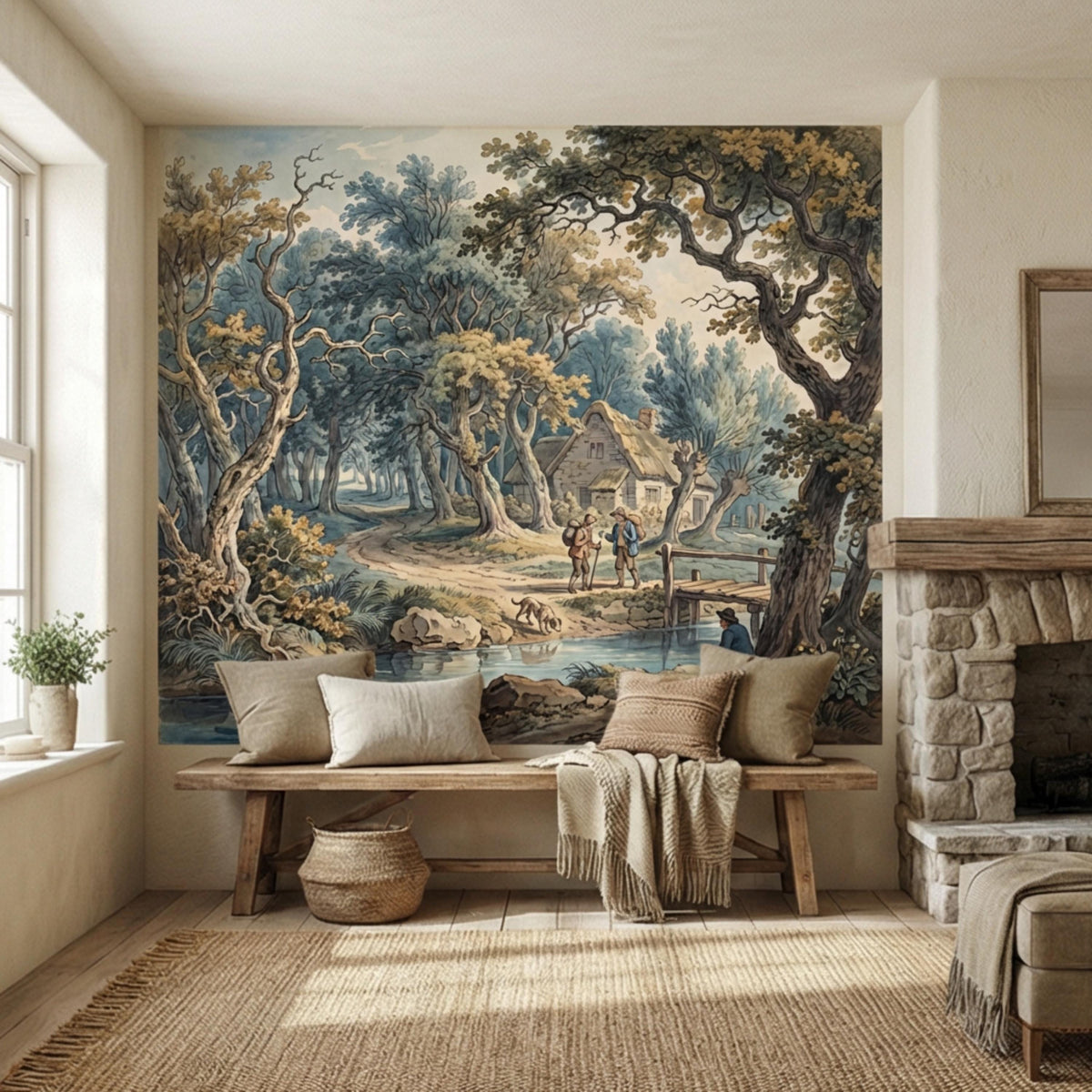 Rustic countryside wall mural featuring a blue river, farmhouse, and walking figures