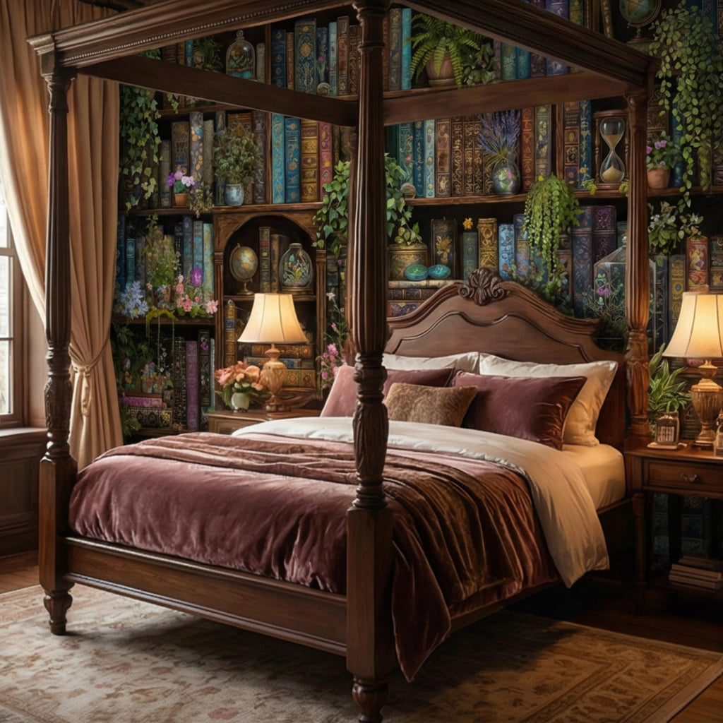 Vintage Library Bookshelf with Plants, Dark Academia Study, Antique Bookcase Bookshelves Peel and Stick Wall Mural